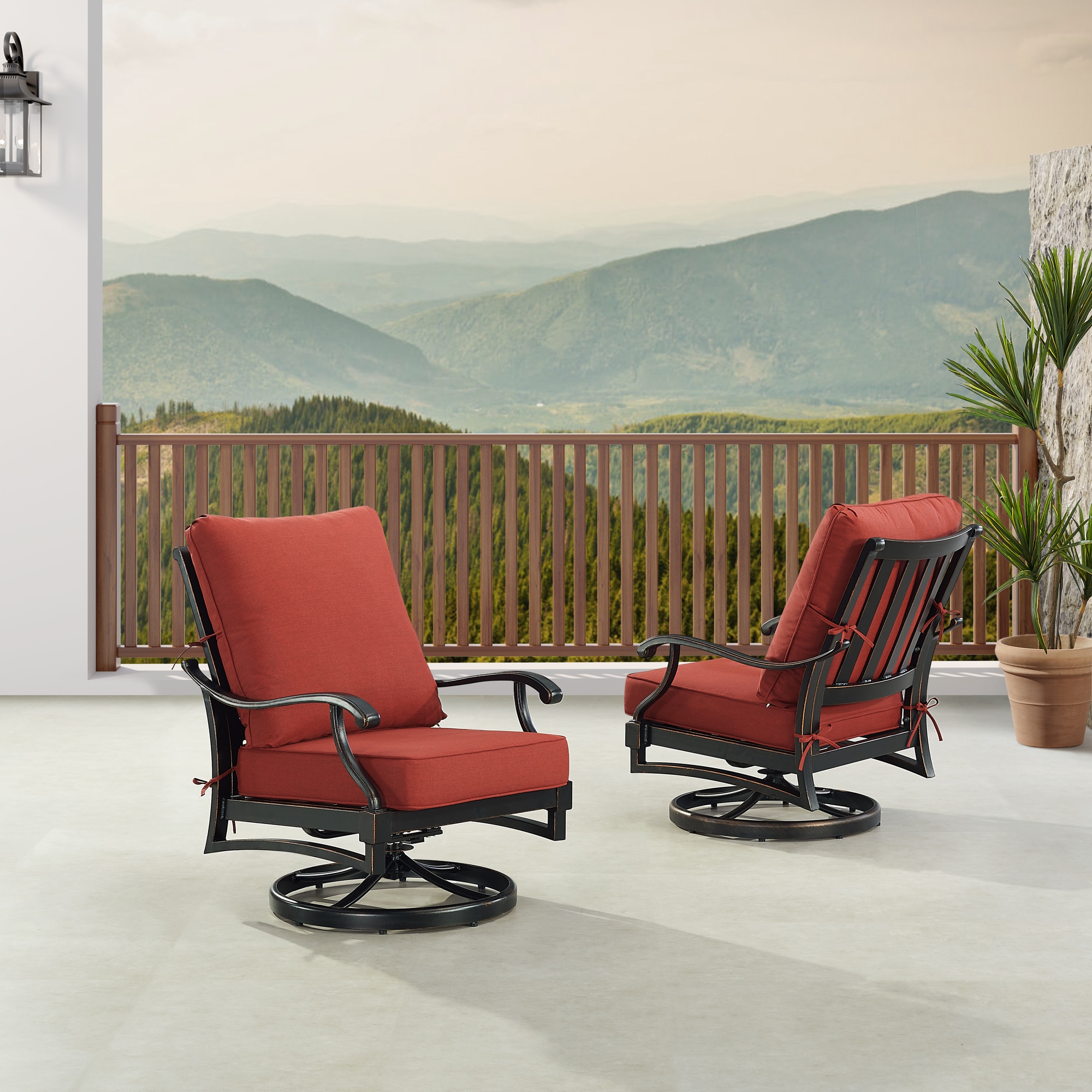 Oakland Living SHAO2CHRDCUA Deep Seating Patio Club Chairs Set of 2 Black Antique Copper Aluminum Frame Swivel rocker Conversation Chair with Red Cushioned Seat