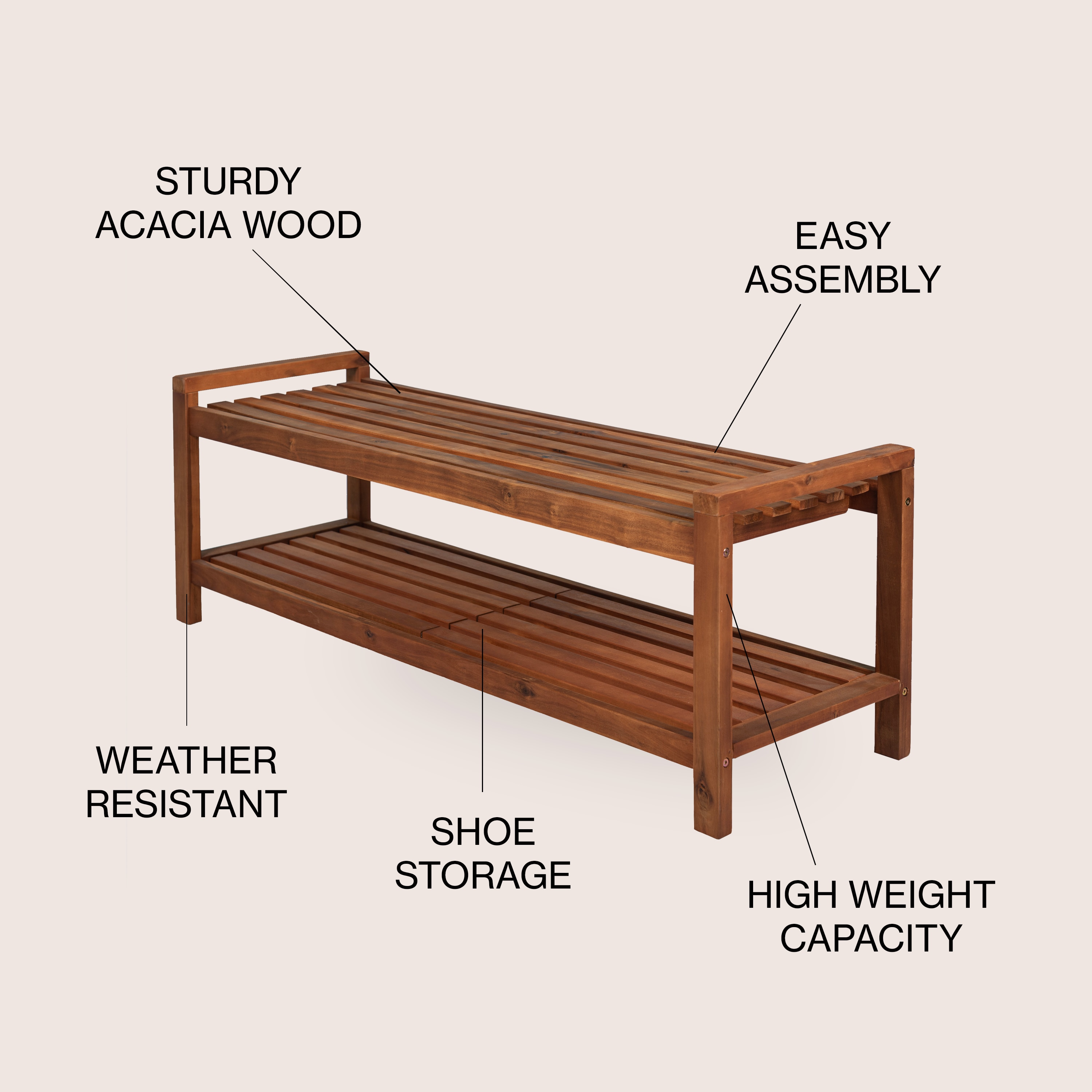 Blane Teak Acacia Wood 52" Mid-Century Modern Outdoor Bench