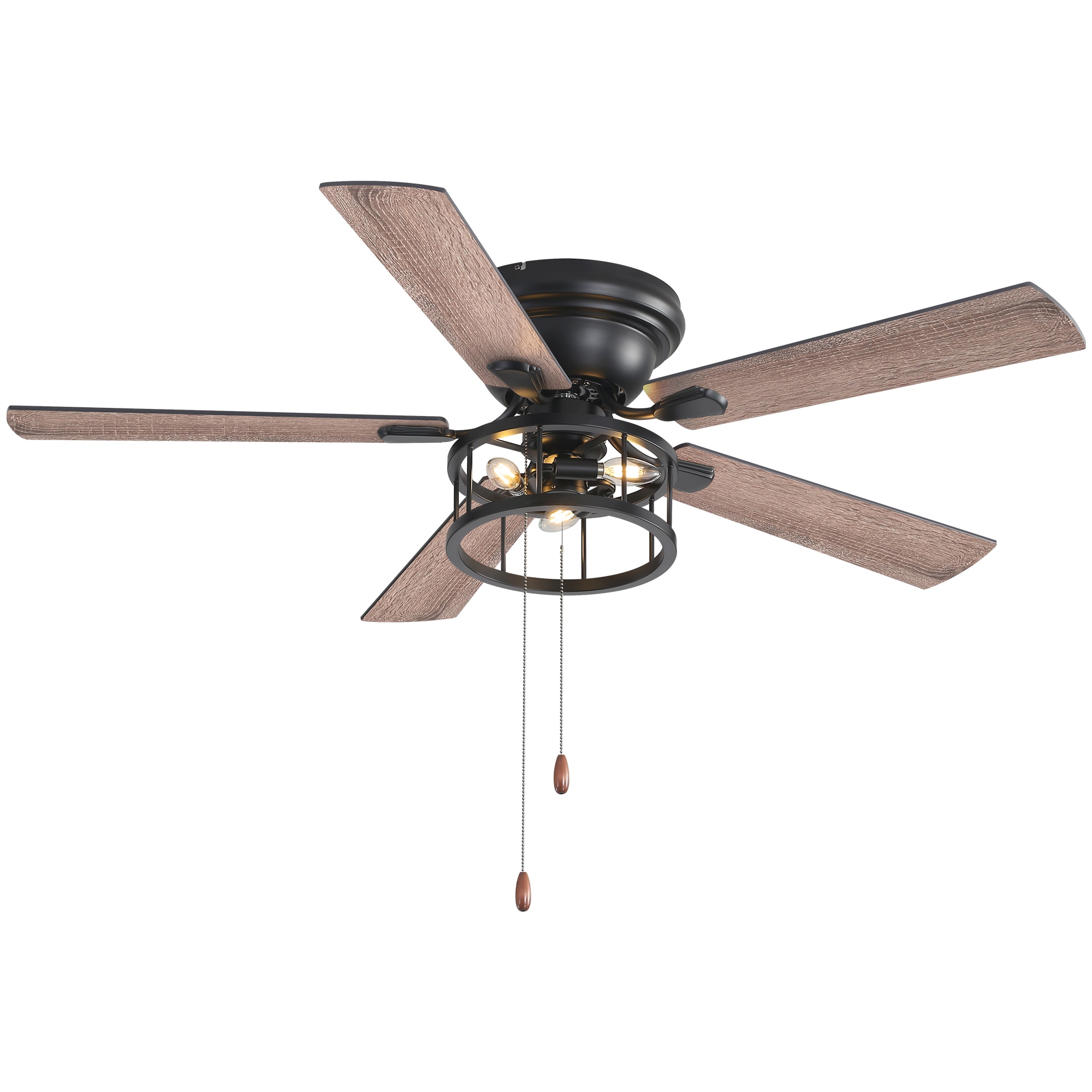 Airsurfer 52 Matte Black with Light Walnut/Dark Walnut Blades Covered Outdoor Flush Mount Standard Ceiling Fan with Light and Remote Control Included (5-Blade)
