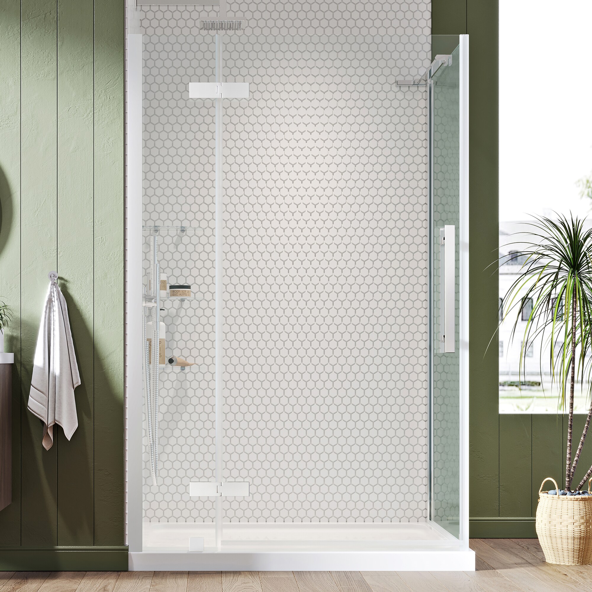 OVE Decors 828796066440 Tampa 38-in W x 32-in L x 75-in H Rectangular Corner shower kit ( Center Drain) Base and Door Included Chrome Hardware Included