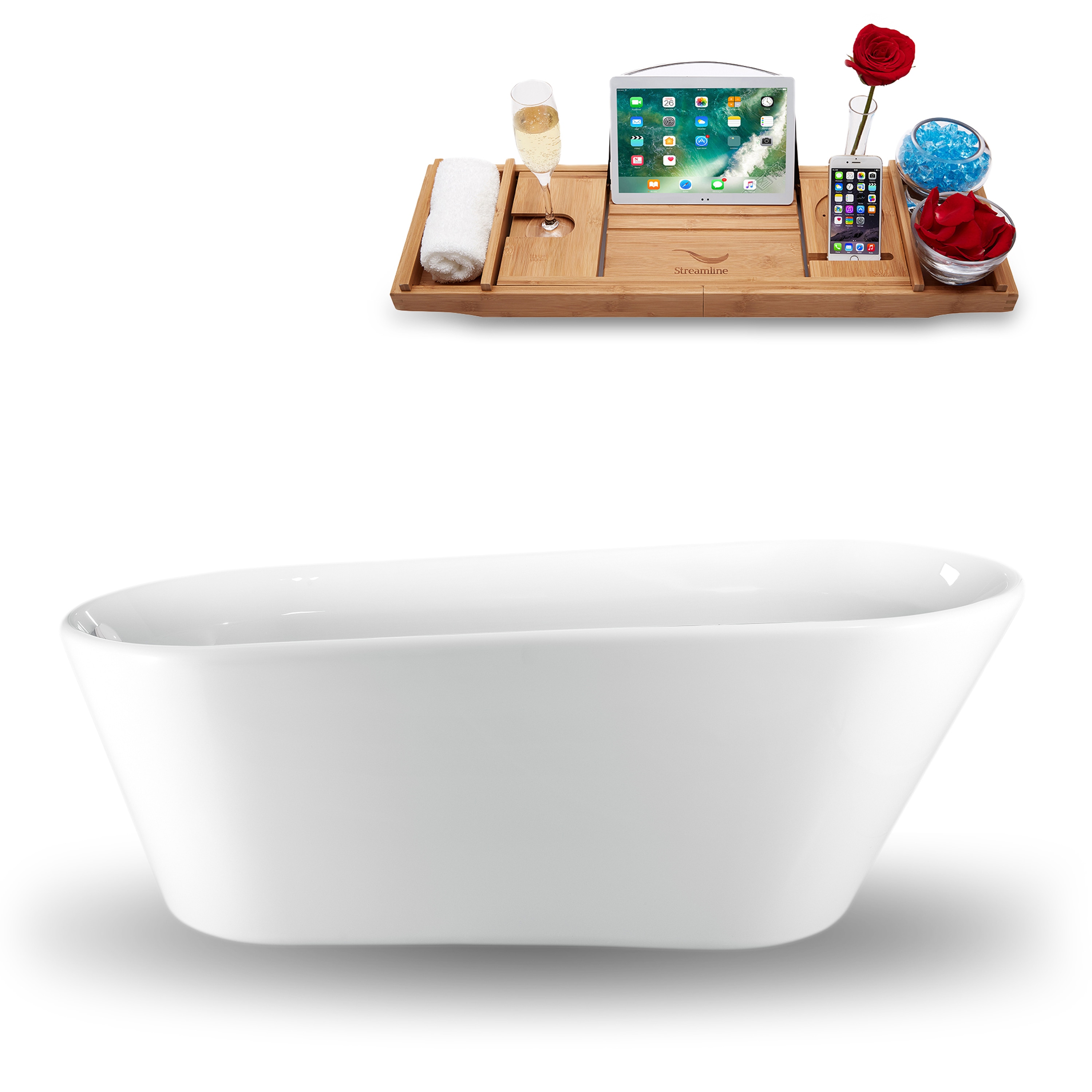 Streamline N1521WH 29.9-in x 65-in Glossy White Acrylic Oval Freestanding Soaking bathtub with Drain ( Reversible Drain )