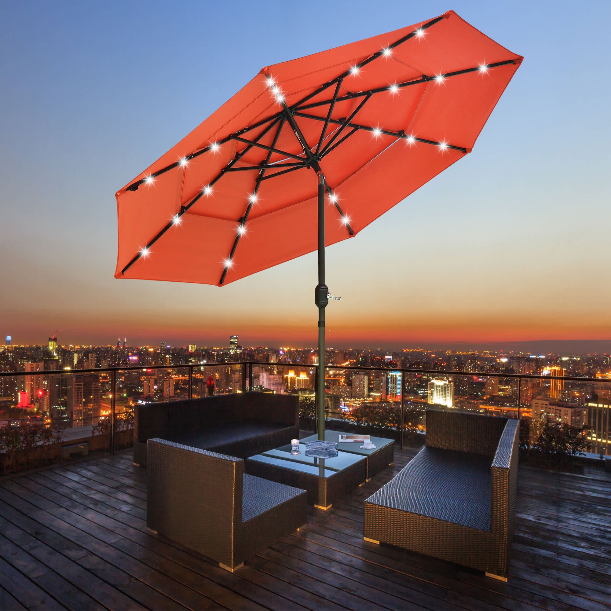 Yescom 07UMB041-3T9L-13-LO 9 Ft 3 Tier Patio Umbrella with Solar LED Crank Tilt Button Aluminum Backyard