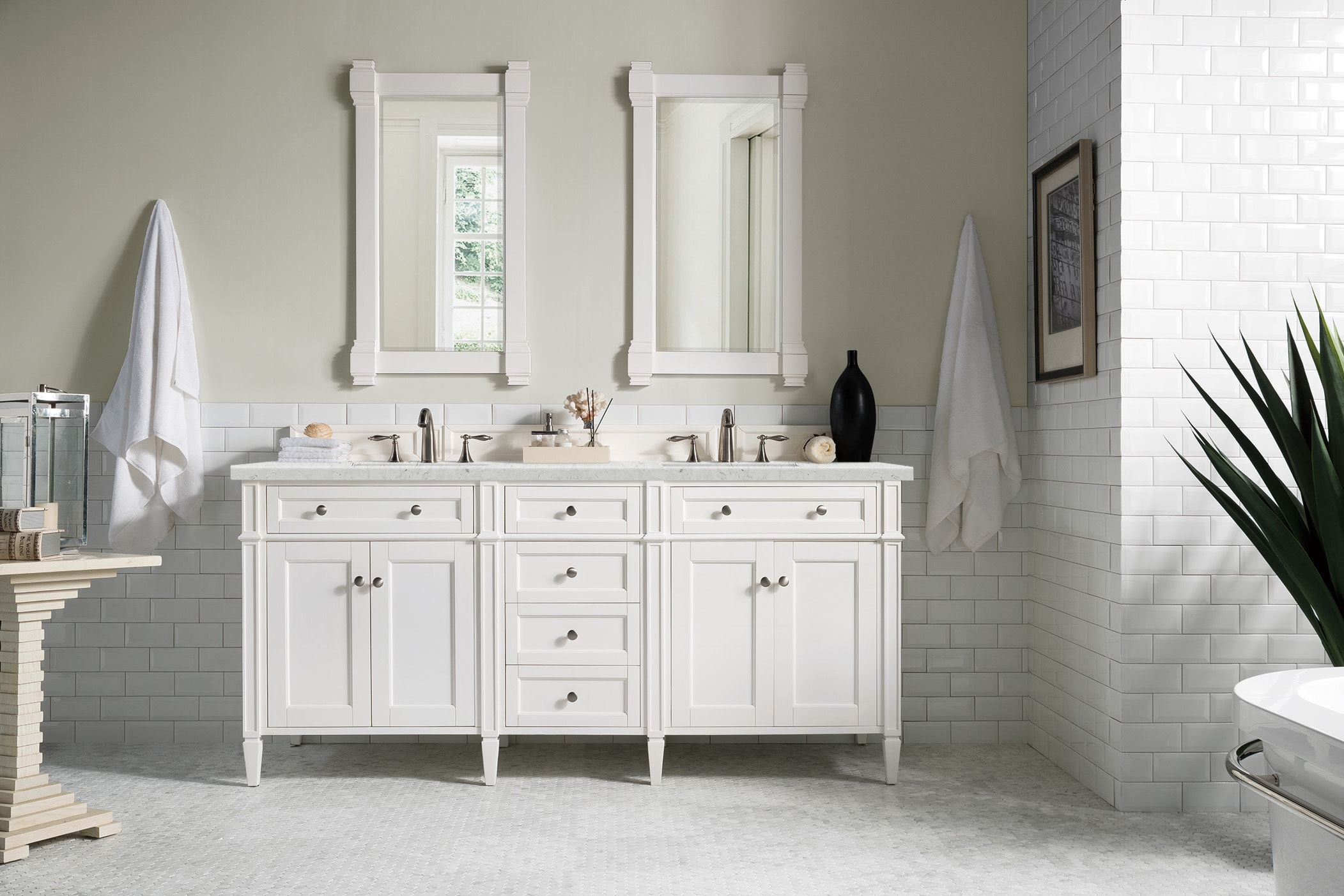 James Martin Vanities 655-V72-BW-3EJP Brittany 72-in Bright White Undermount Double Sink Bathroom Vanity with Eternal Jasmine Pearl Quartz Top