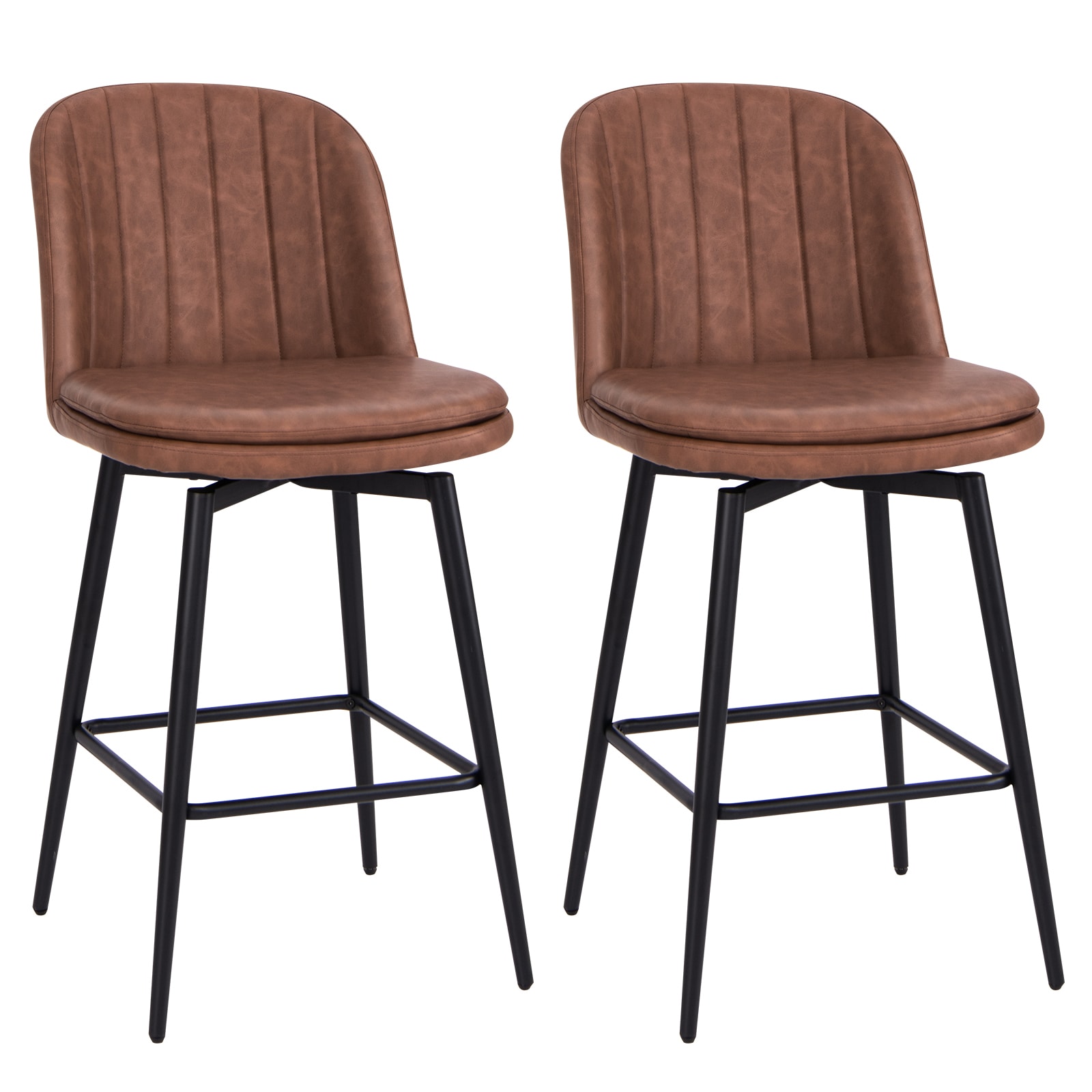 Slickblue D-CO-2-NB38511VJ Set of 2 Swivel Bar Stools 27 inch H with PU Leather Seat Ergonomic Backrest Footrest for Kitchen Islands or Home Bars- Brown and Black
