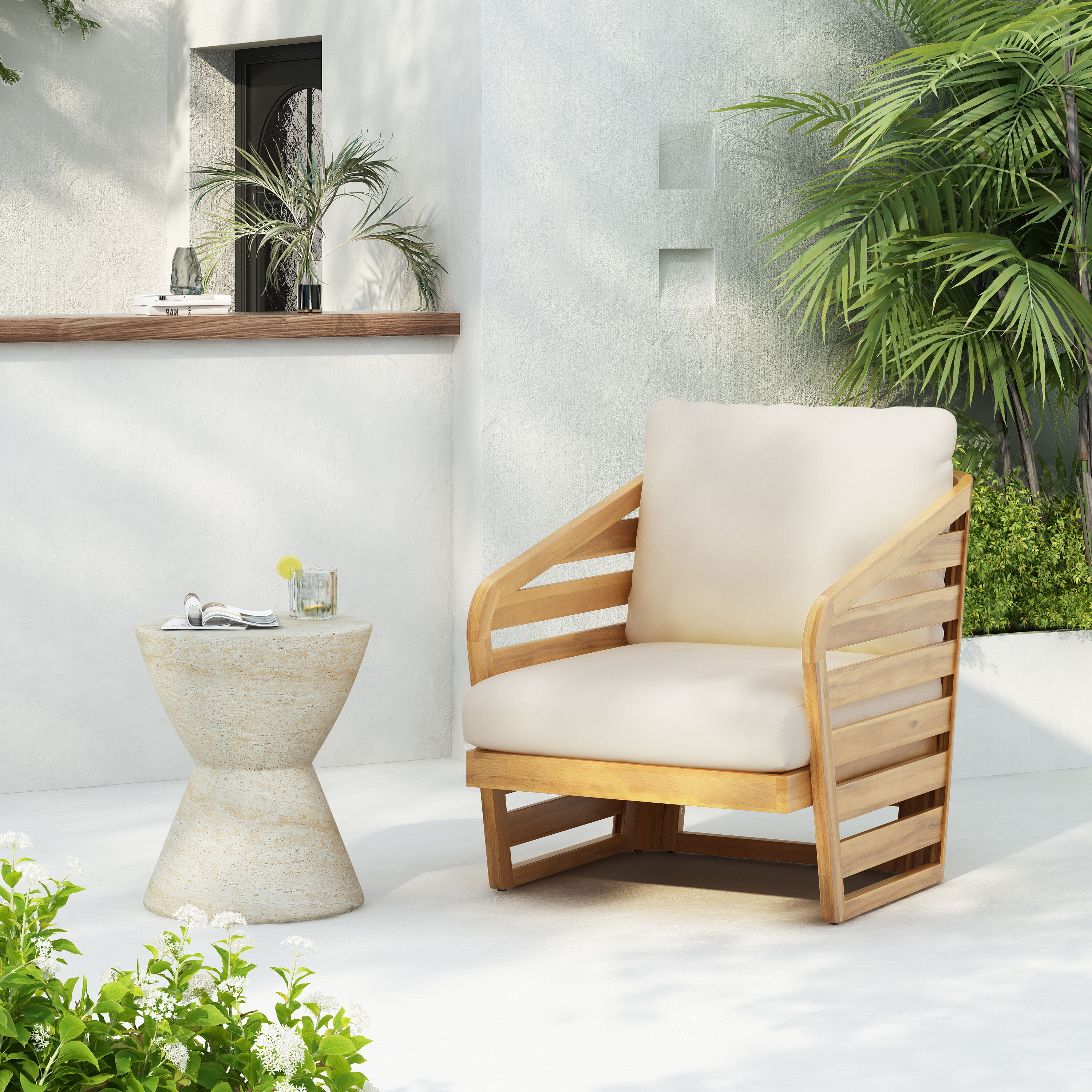Christopher Knight Home 322596 Lenrn Wood Textilene Club Chair with Acacia Frame and Water Resistant Cushions