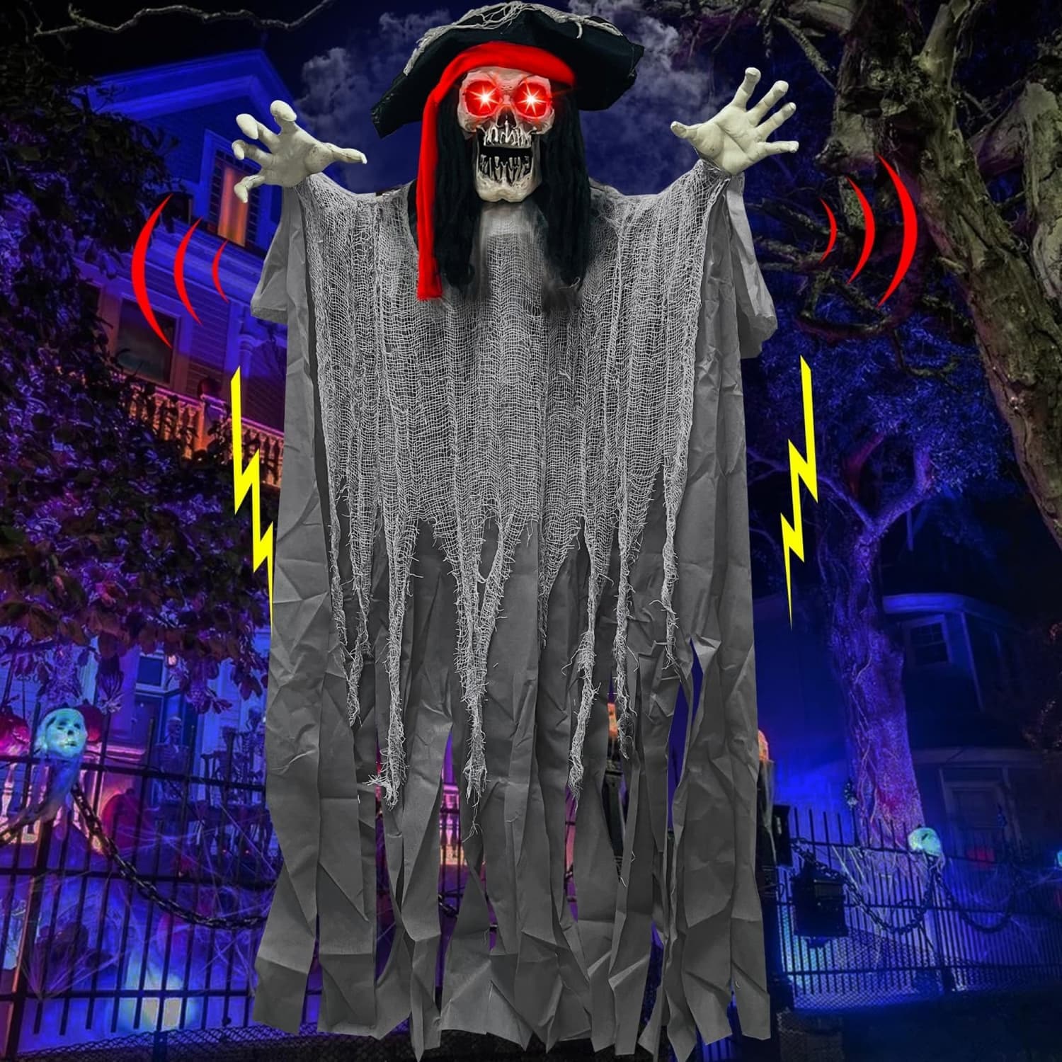 OGETFUUR Life-size 70-in Halloween Outdoor Animatronics Pirate Ghost with Shaking Flashing Eyes and Talking Touch-activated for Yard Haunted House Prop