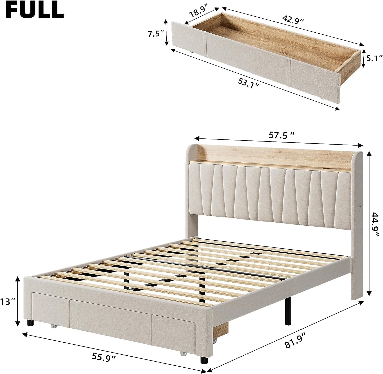 Garvee Full Size White Upholstered Platform Bed Frame With Storage ...