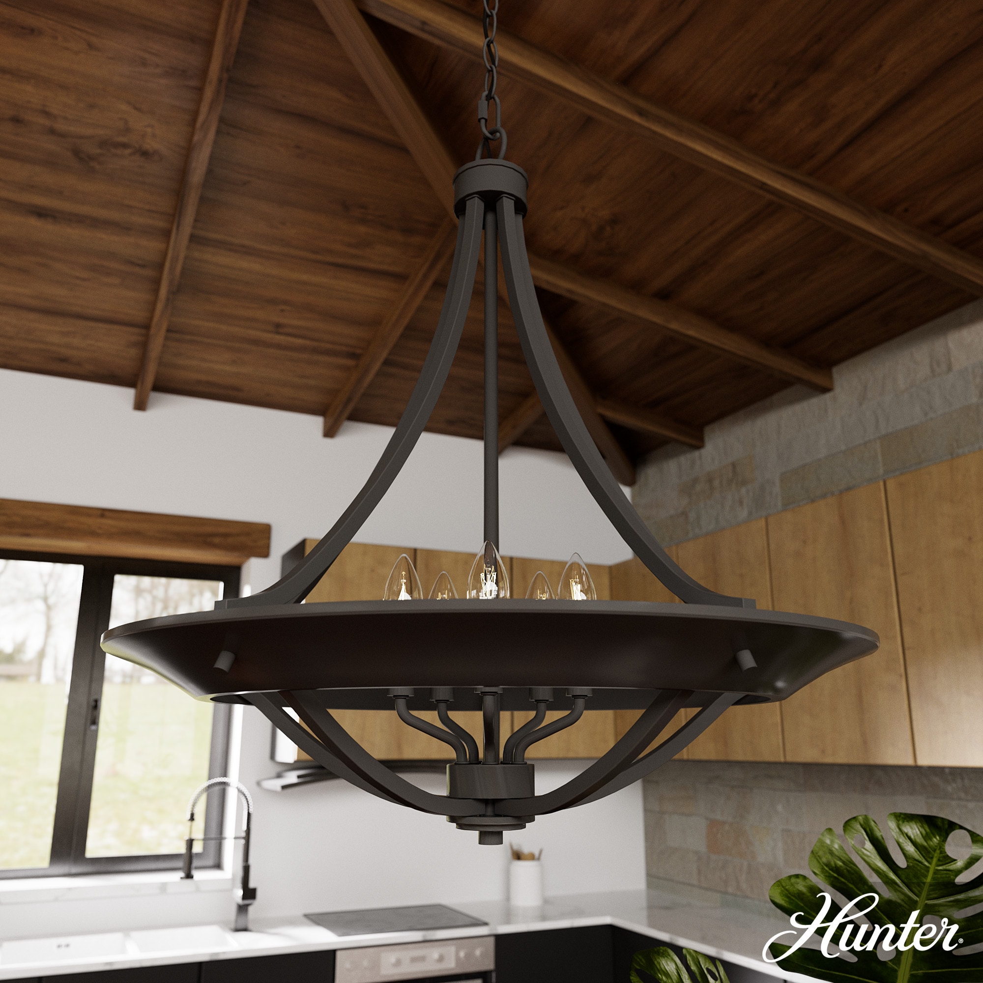 Hunter Perch Point 4-Light Brushed Nickel Transitional Bowl LED Large Hanging Kitchen Island Light