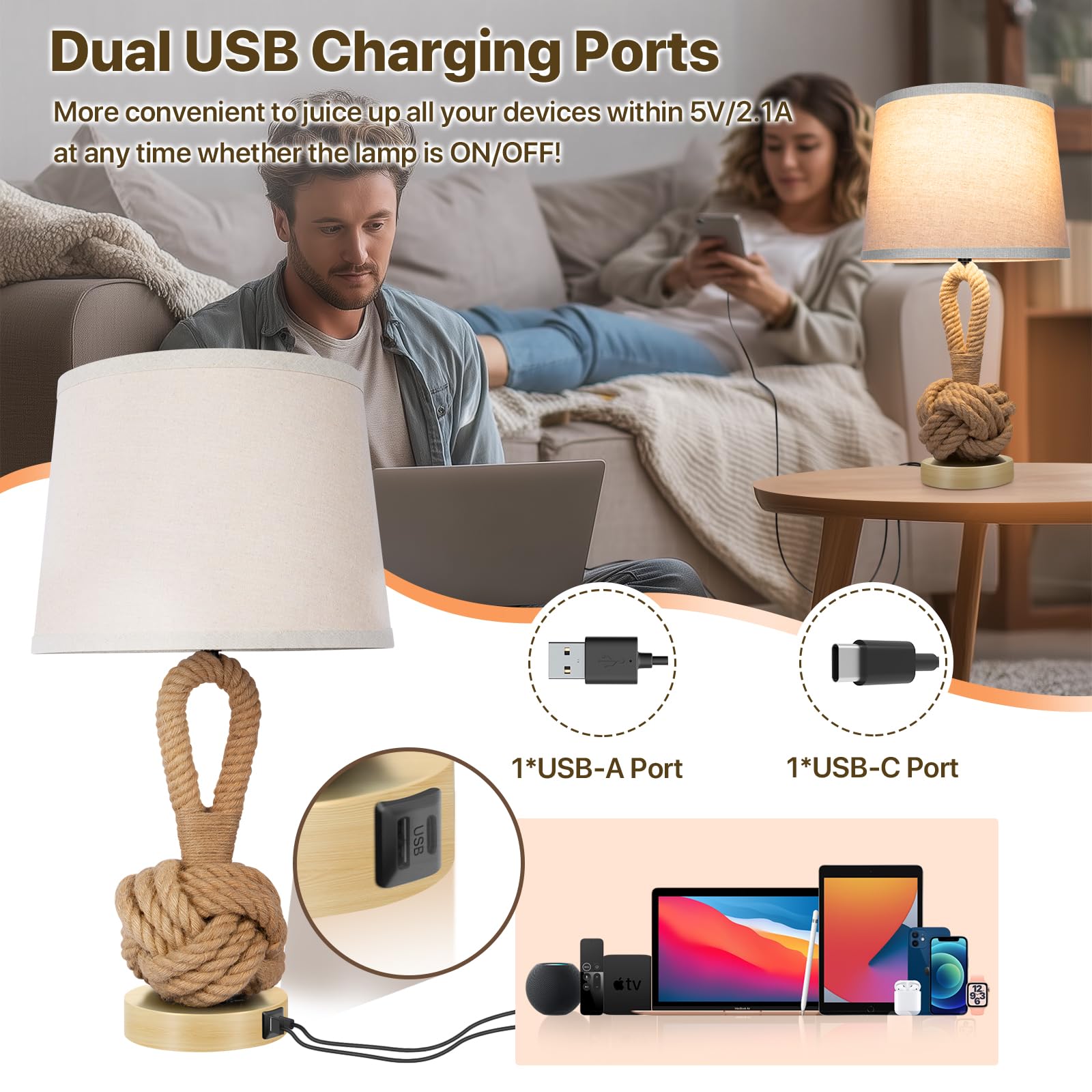 IUEST 22 Inch Rope Lamps Set of 2 Bedside Table Lamps with 3 Color ...