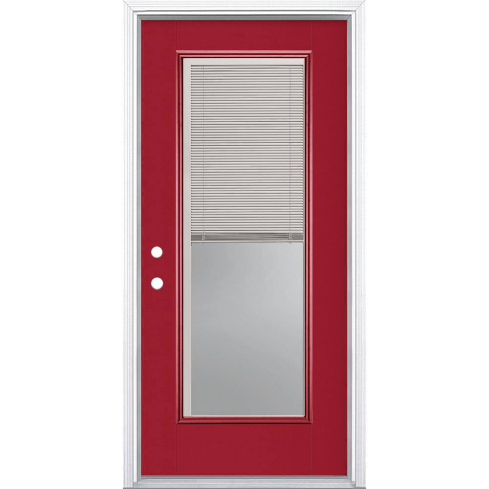 Masonite 1218613 36-in x 80-in x 4-9/16-in Fiberglass Full lite Right-hand inswing Roma Red Painted Prehung Front Door with Brickmould Insulating core with Blinds