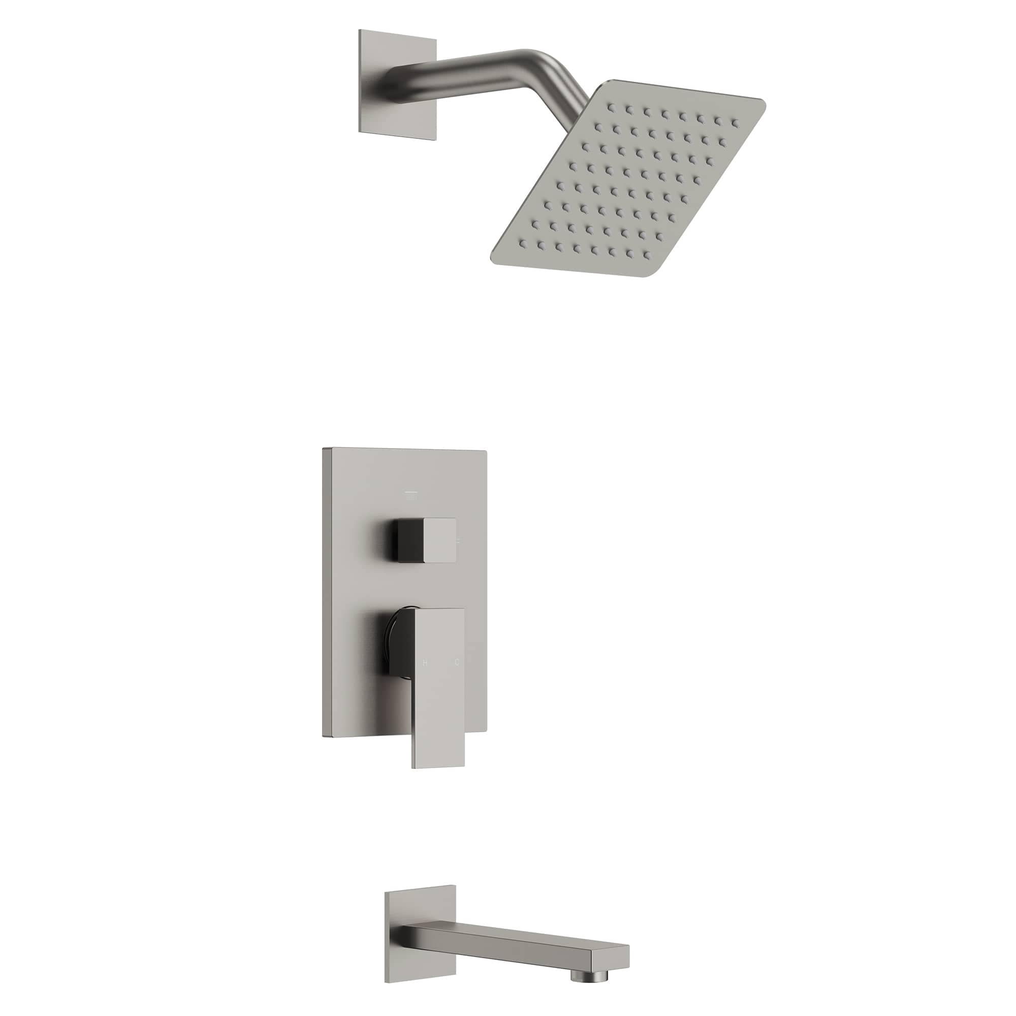 EVERSTEIN 6 in. Modern Minimalist Square Single Handle 2-Spray Tub and Shower Faucet 2.5 GPM in Brushed Nickel Valve Included