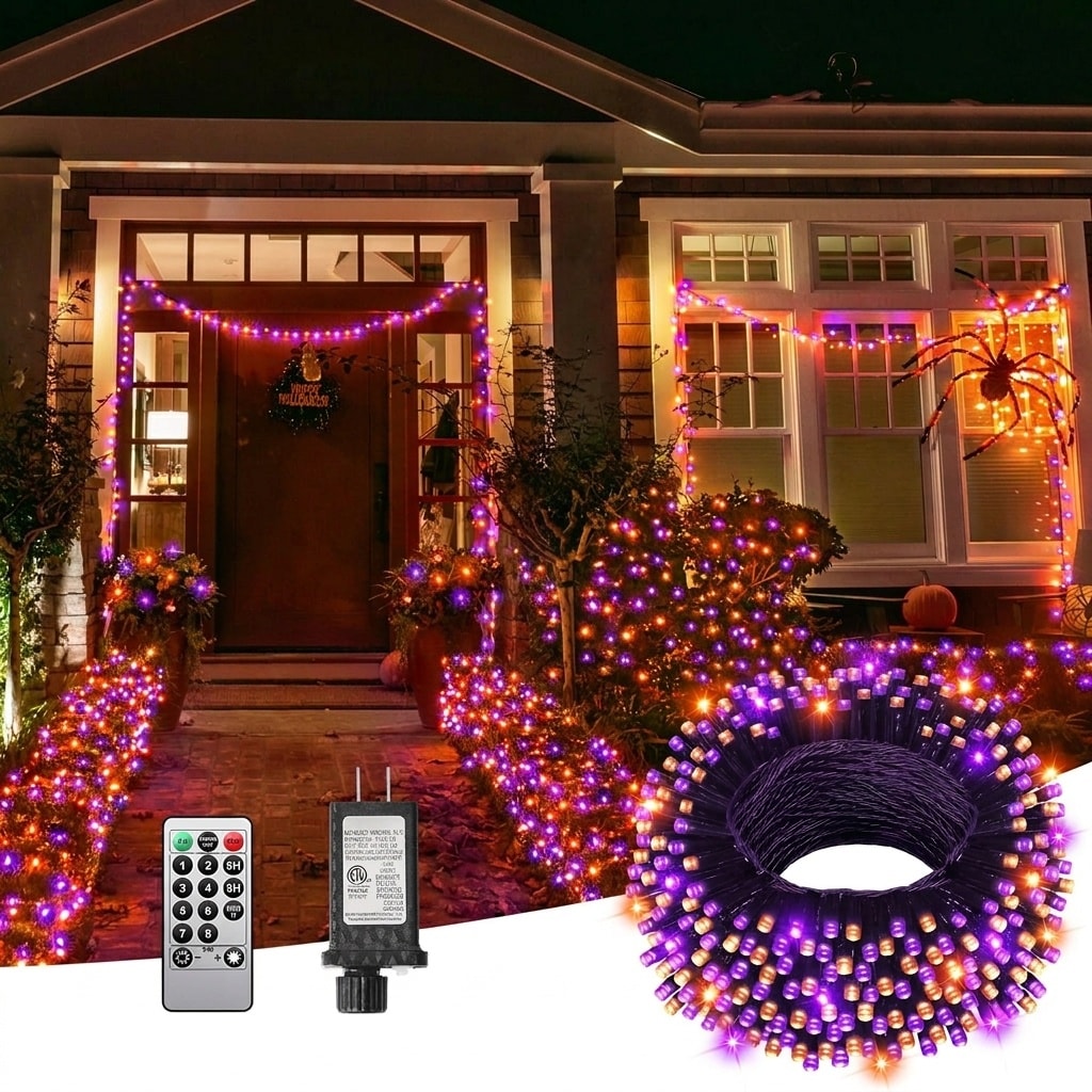 Oyezvary  125 FT Halloween String Lights 380 LED Outdoor Waterproof Black Wire 8 Modes Timer Memory Plug in Purple Orange for Yard Tree Porch
