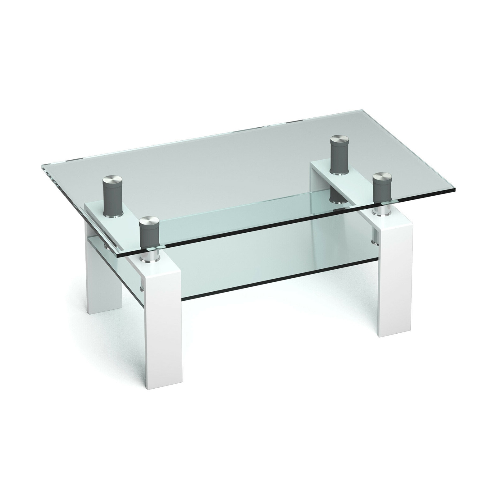 Slickblue D-CO-HW94866WH White and Transparent 2-Tier Glass Coffee Table with Iron Legs for Living Room or Office