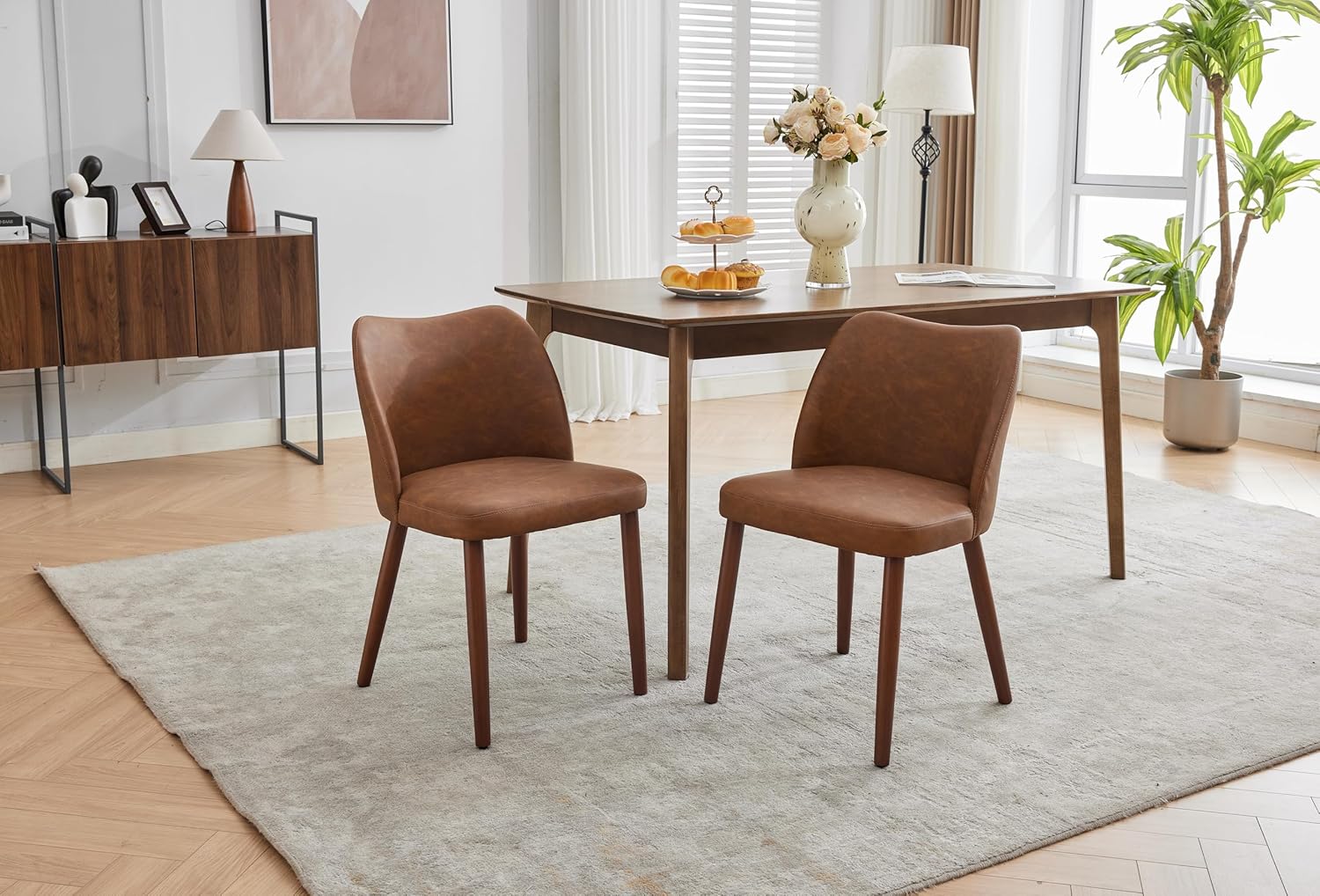 Qeetex LHF-CY-7BL107 Leather Dining Chairs Set of 4 Upholstered PU Dining Chair with Wood Legs - Wing Backrest - Wooden Kitchen Chairs with Thick Cushions - Leveling Feet for Dining Room - Living Room - Brown