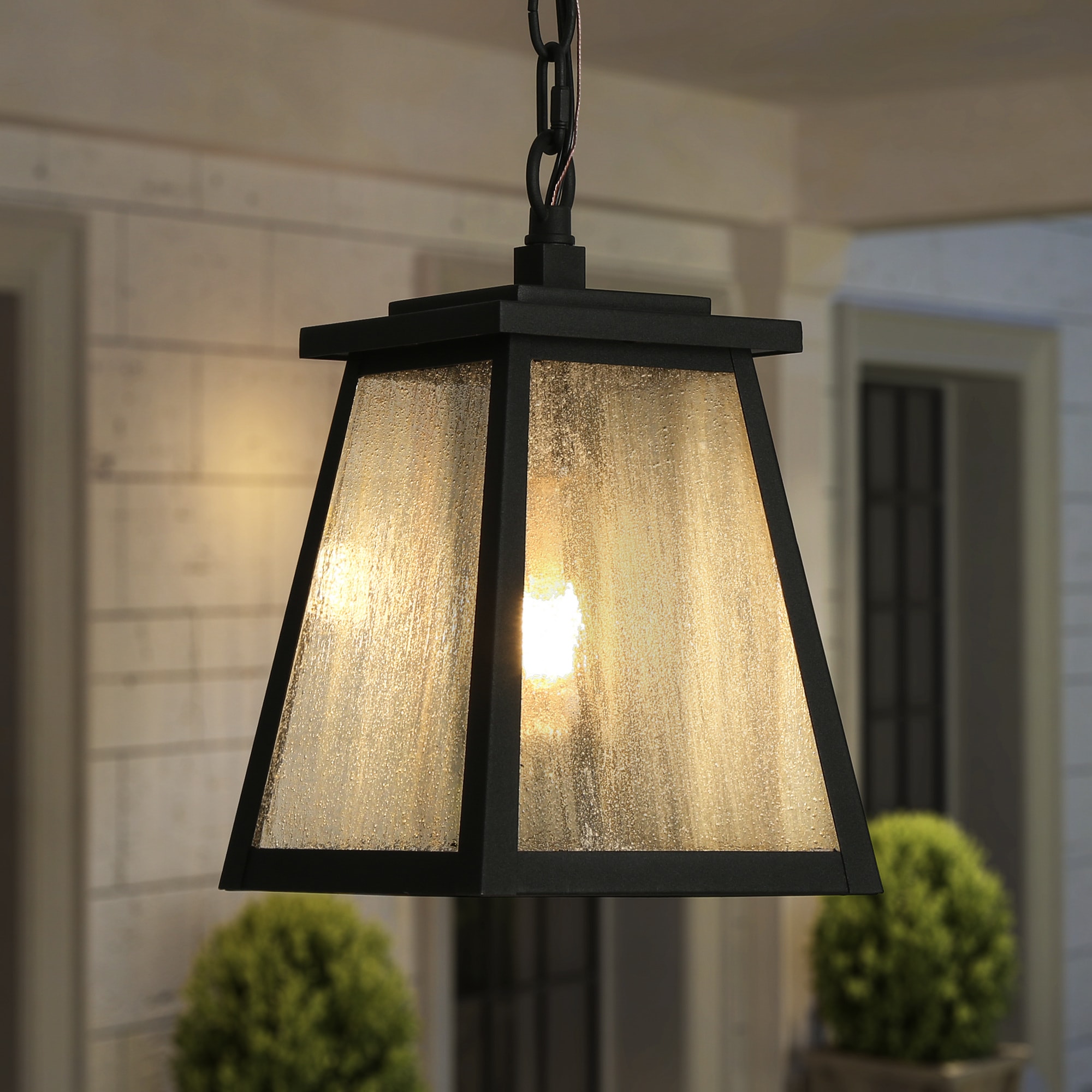LNC YVZFUJHD1870109 Anlophafos 1 -Light Matte Black with Seeded Glass Farmhouse Seeded glass Lantern Small Outdoor Hanging Pendant light