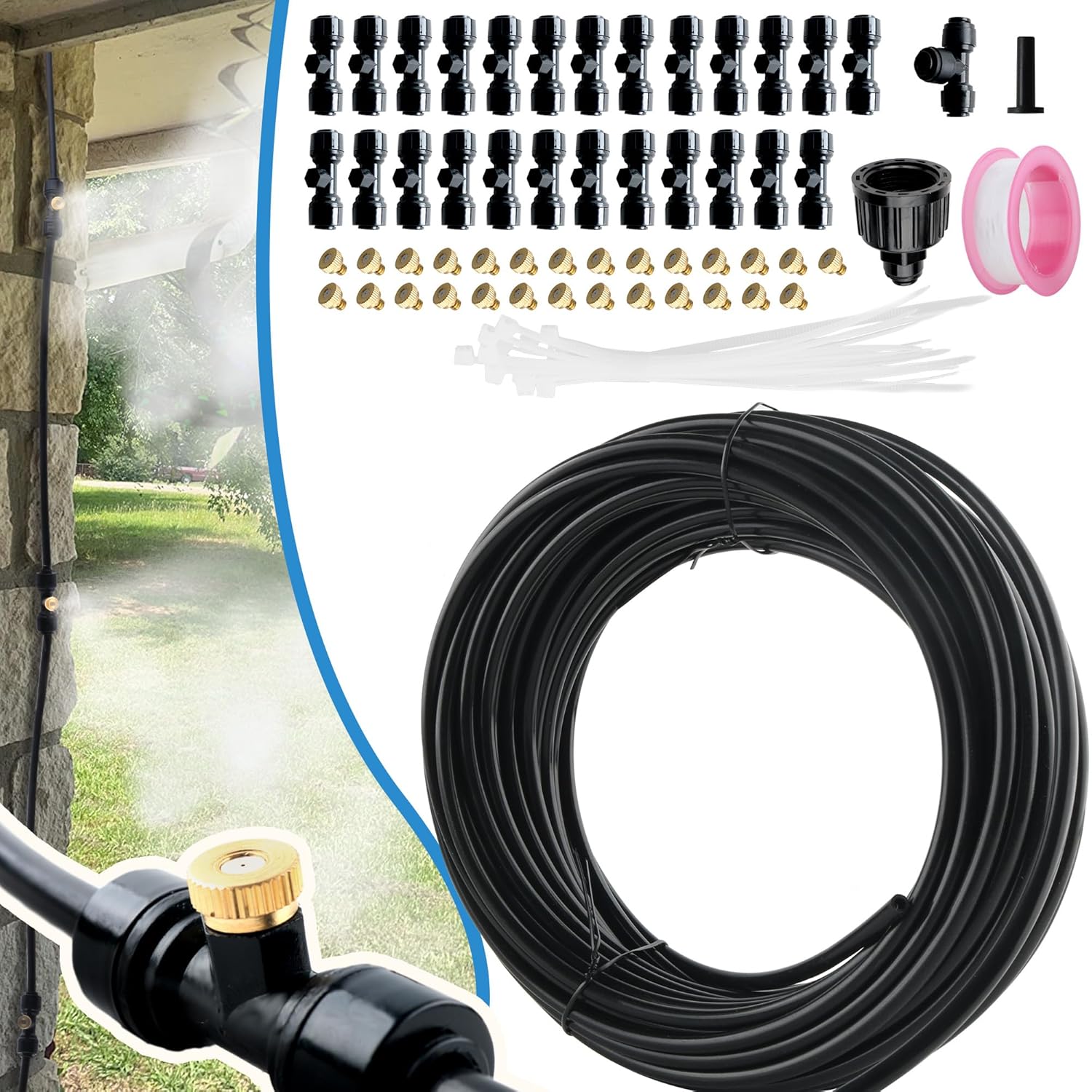 CJGQ Outdoor Misting System Kit 80 FT Patio Misting Line with 25 Brass Mist Nozzles Adjustable Atomizing Mister for Garden Greenhouse Trampoline Cooling