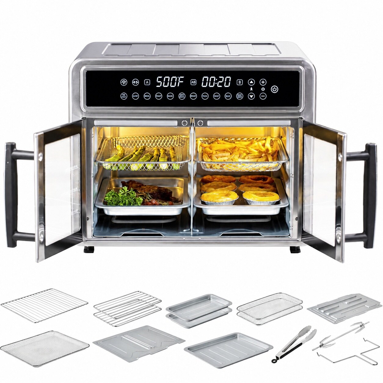 Aoibox LABJ7N5U  Dual Zone 28 Quart Extra Large Air Fryer Toaster Oven Combo with Stainless Steel and French Door Design