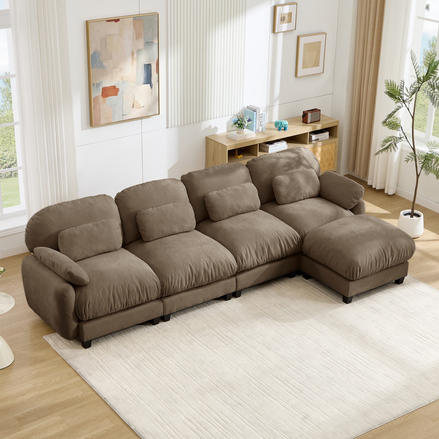 CHITA Brown Chenille Modular Sofa Flexible Modular Configuration Movable Ottoman Extra-Deep Seats for Living Room Apartment Family Room and Home Office
