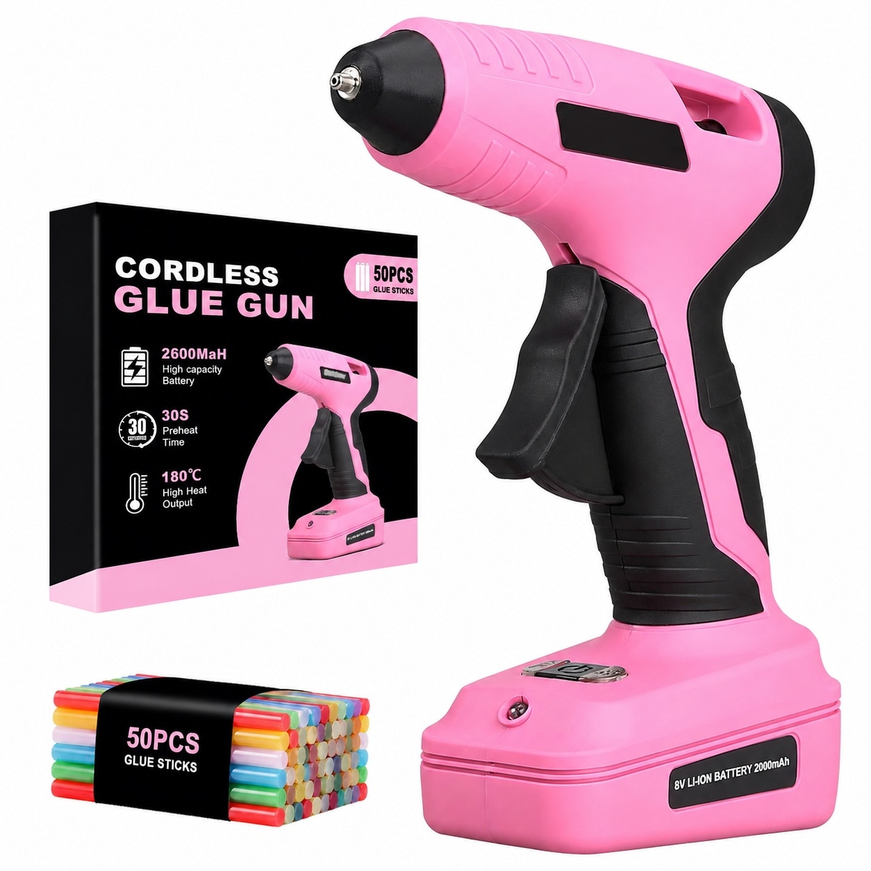 Adrinfly  Cordless Hot Glue Gun 8V renewable power Fast Preheating Kit with 50 Colorful Glue Sticks Pink for DIY Crafts and Home Repairs