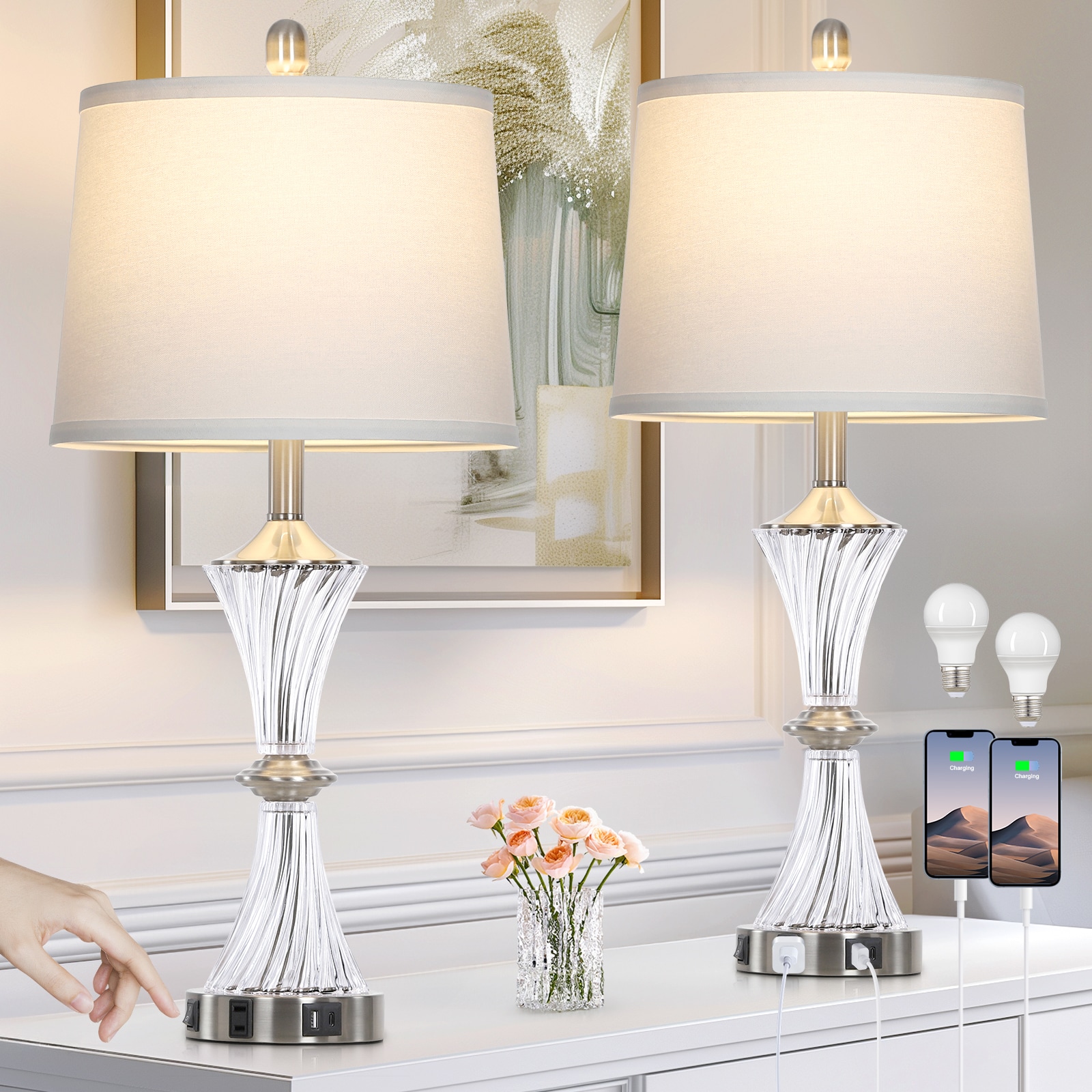 UrFurnishings TD-391 Modern 27-in Clear LED Incandescent On/Off switch Table Lamp with Linen Shade