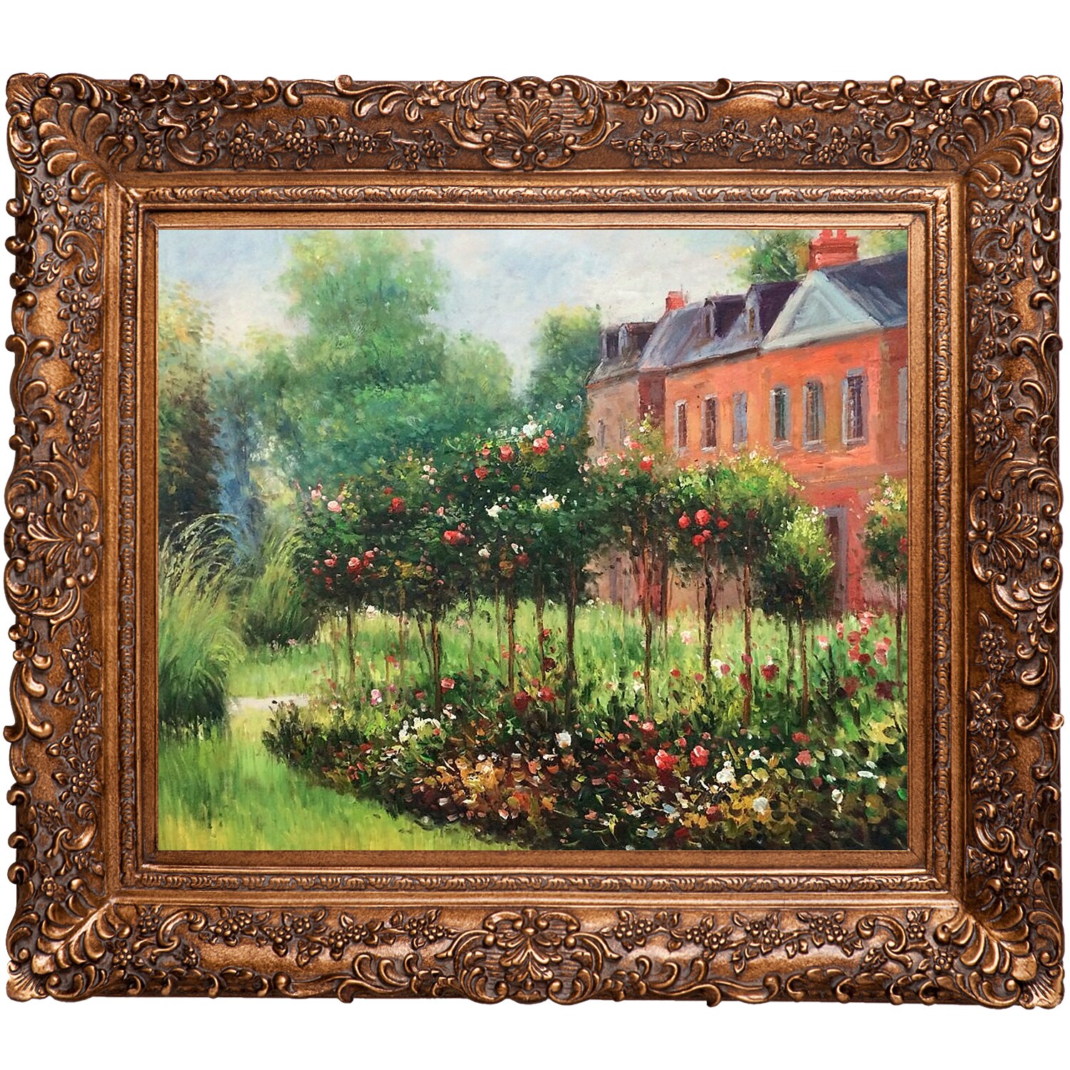 La Pastiche 688576338149 The Rose Garden at Wargemont, 1879 Pierre-Auguste Renoir Gold Wood Framed 29.5-Inches H x 33.5-Inches W Garden Canvas Hand-Painted Painting