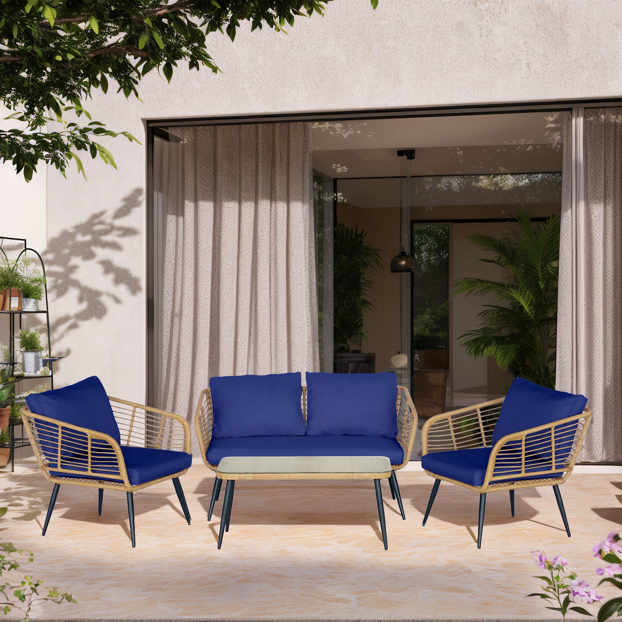 Grearden ZHSFV006-BL 3 -Piece Wicker Patio Conversation Set with Blue Cushions