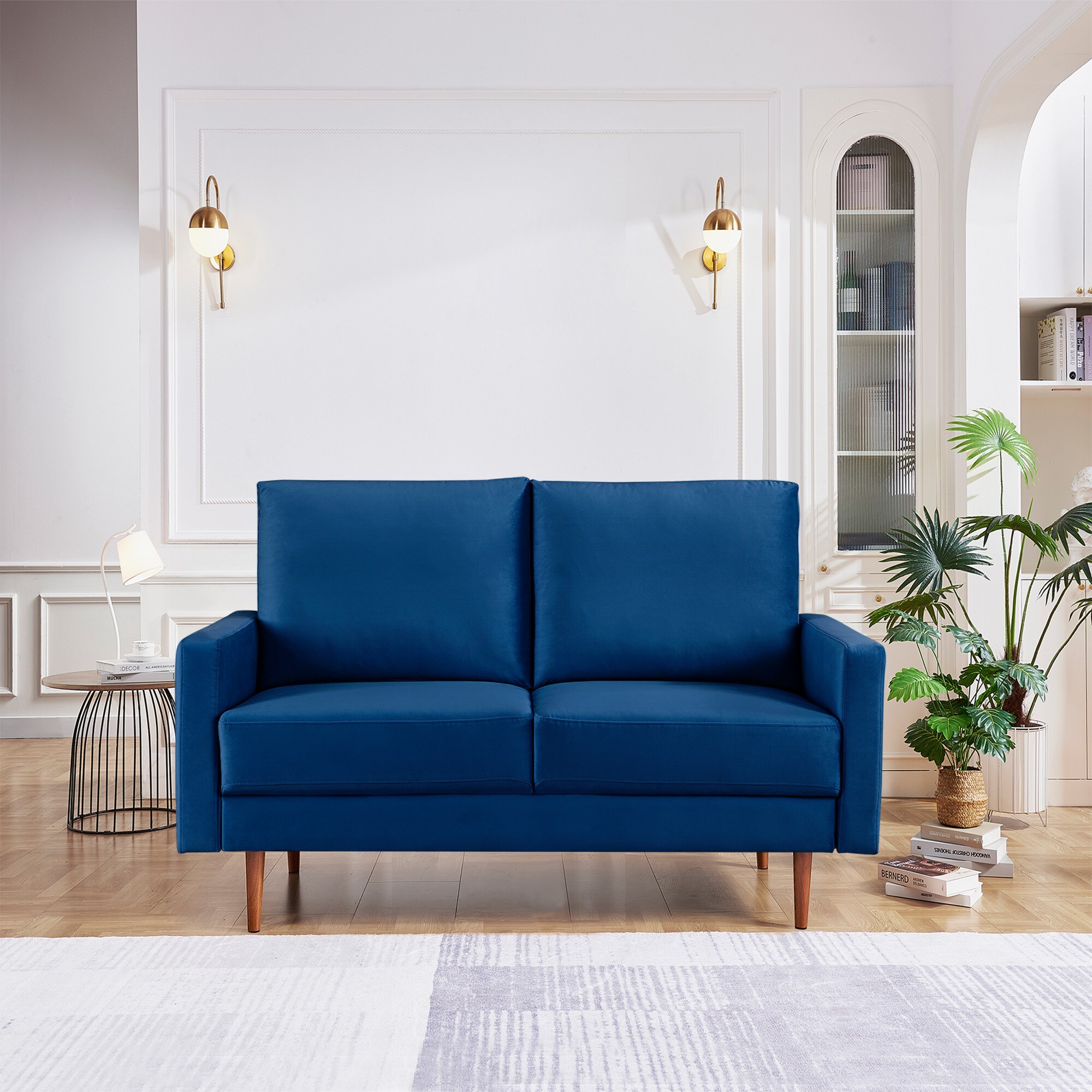 Modern Blue Velvet 57" Loveseat with Square Arms