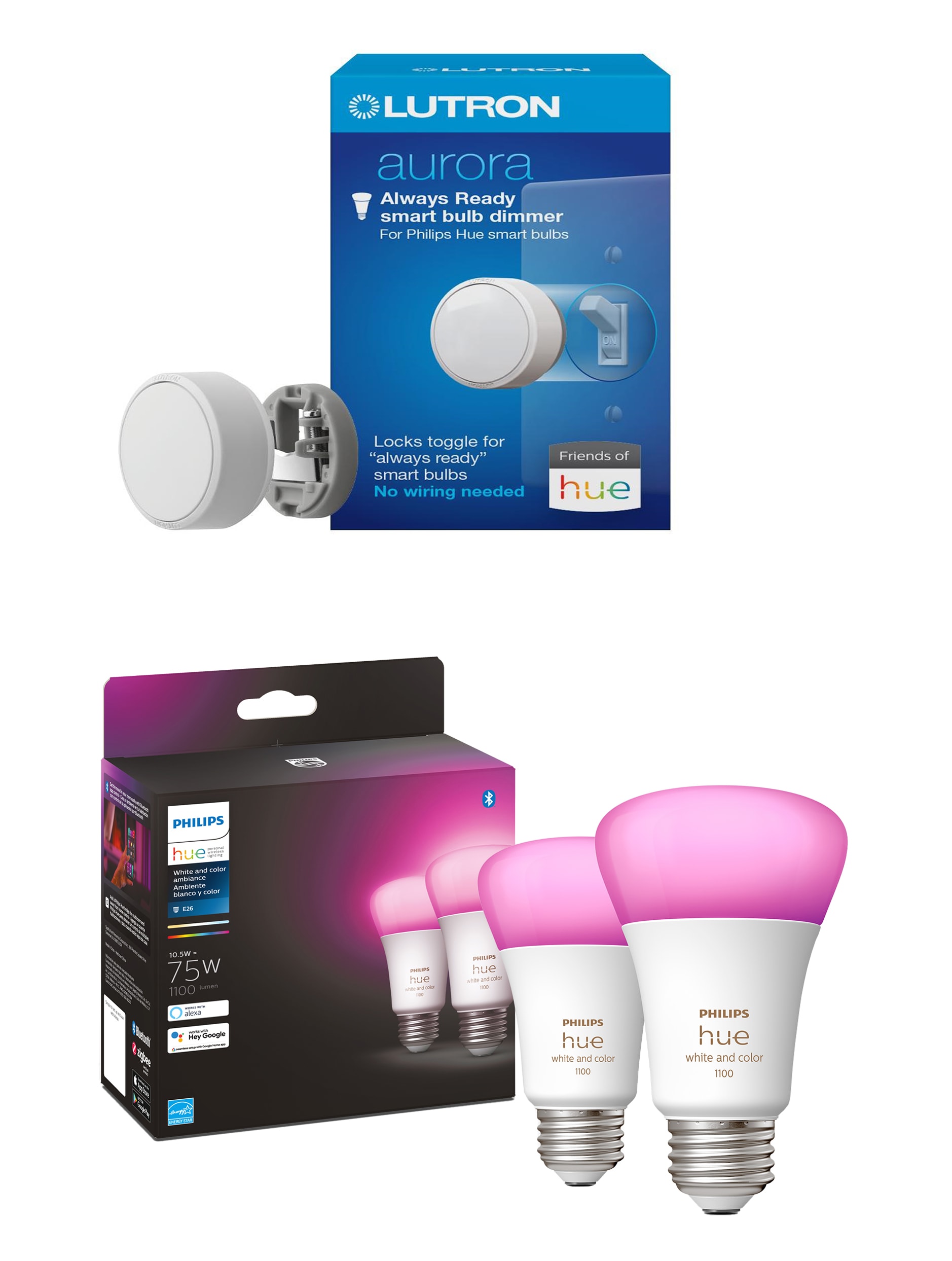 Philips Hue Dimmable Smart LED Light Bulb (2-Pack) & Lutron Aurora Light Dimmer Switch, White