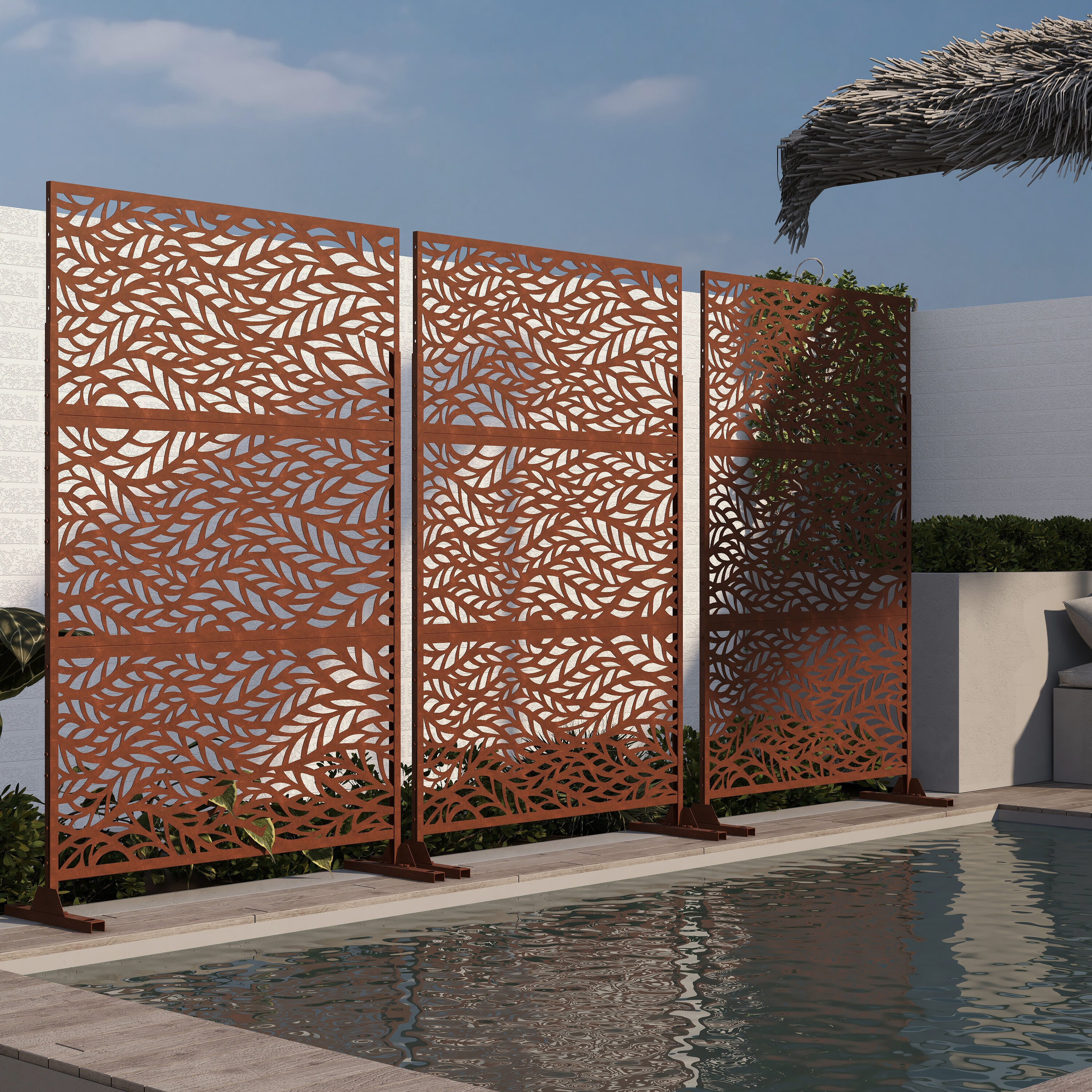 Outdoor Portable Elegant Design Rust Resistant Galvanized Steel Privacy Screen Reddish Brown