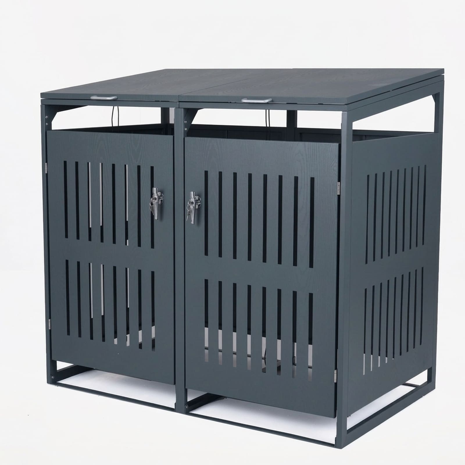 SUGIFT Outdoor Trash Can Storage Shed for 2 Bins with Gas Struts 44-cu ft Capacity Metal Enclosure 52-in x 32-in x 49.5-in Lockable Gray Bin Hider