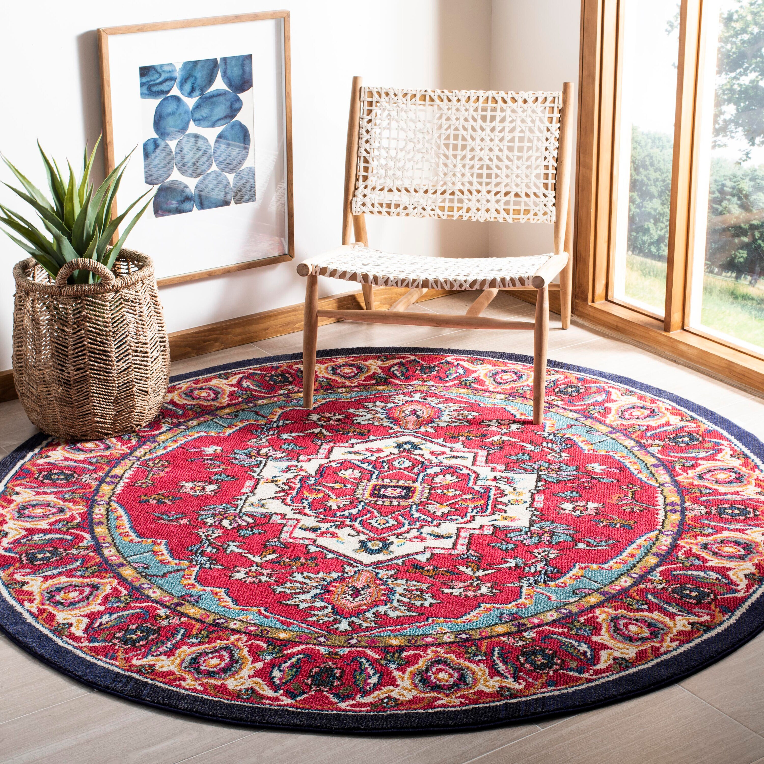 Safavieh MNC207C-5R Monaco Heritage 5 x 5 (ft) Loomed Polypropylene Red/Turquoise Round Indoor Distressed/Overdyed Oriental Area rug