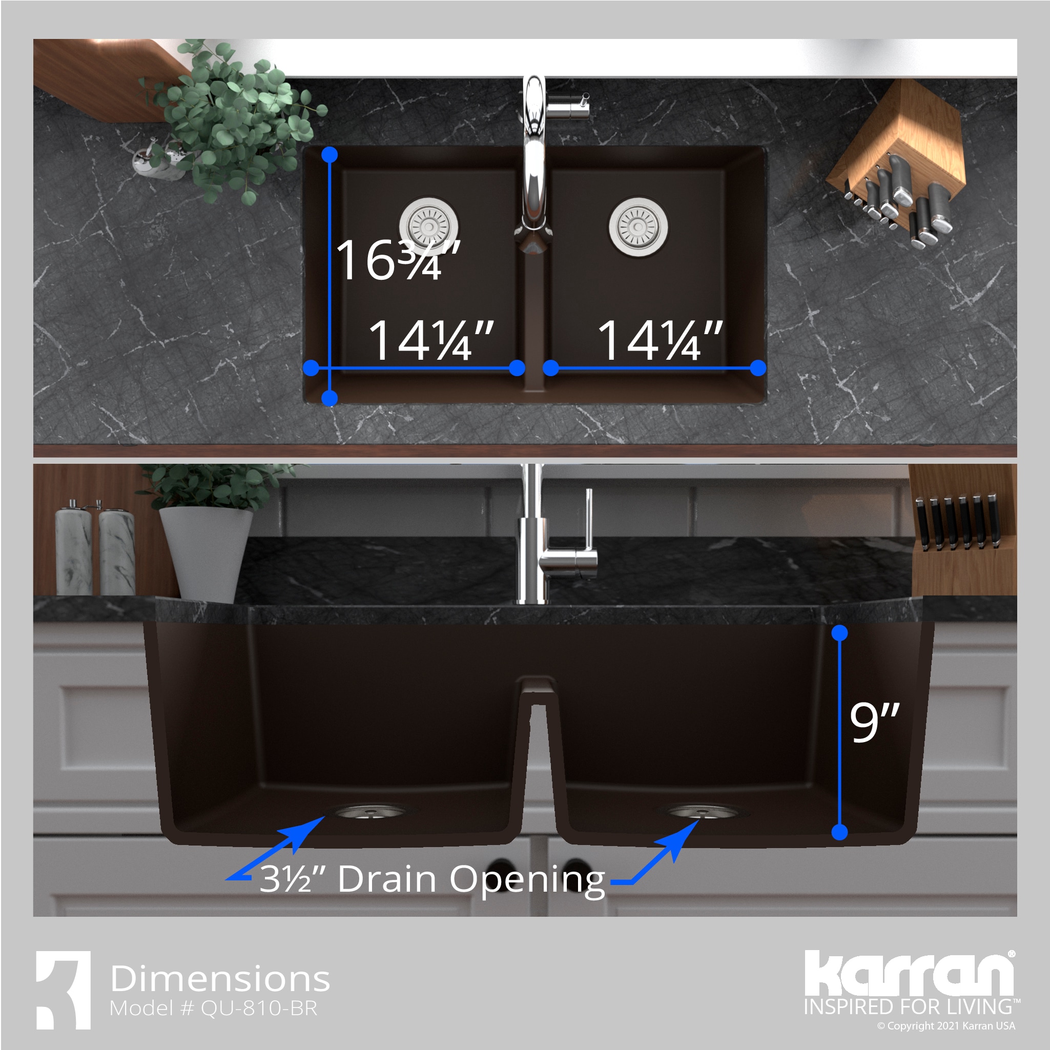 Karran Undermount 32-in x 19.5-in Brown Quartz Double Equal Bowl ...