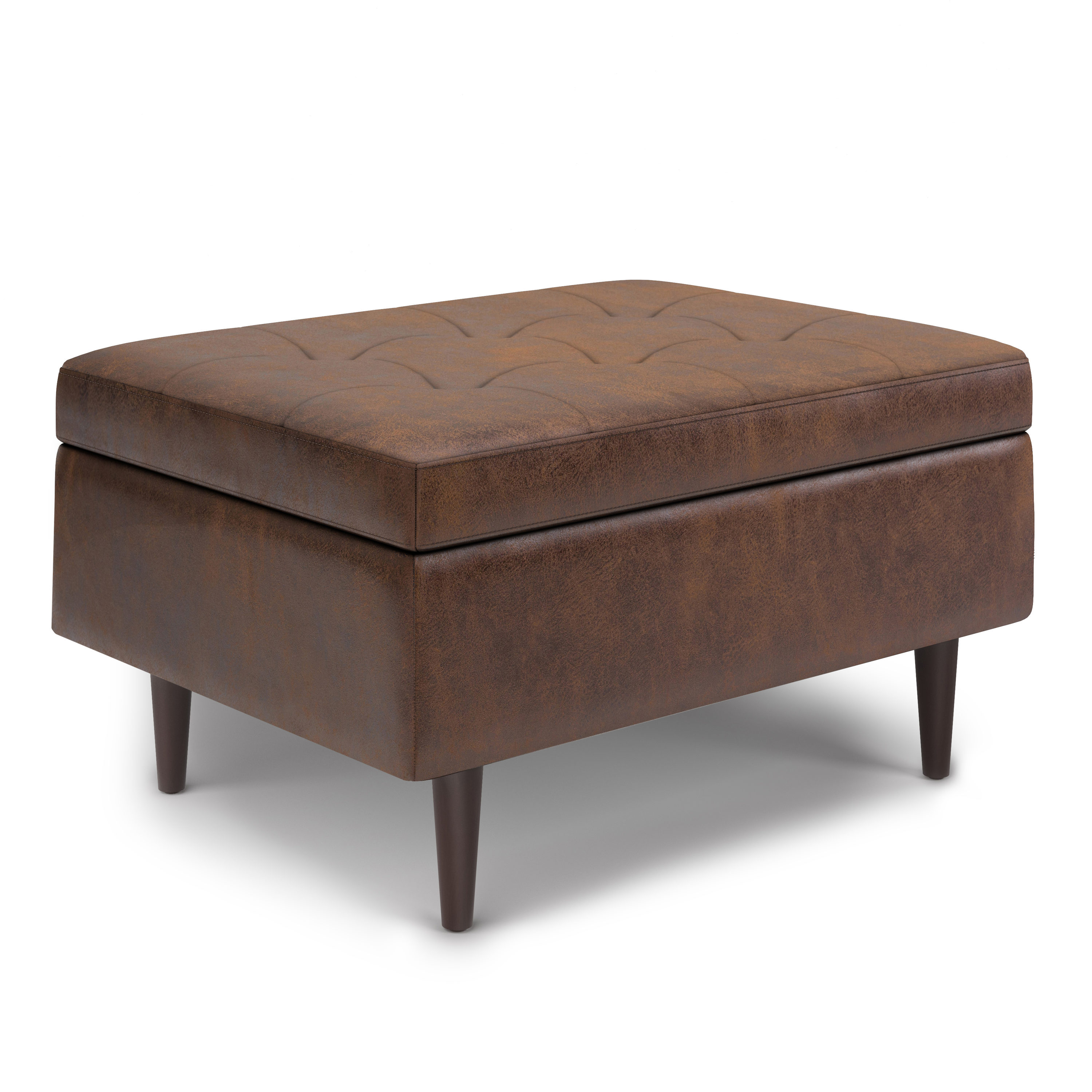 Simpli Home AXCOT-SHSS-DBR Shay Midcentury Distressed Chestnut Brown Faux Leather Storage Ottoman