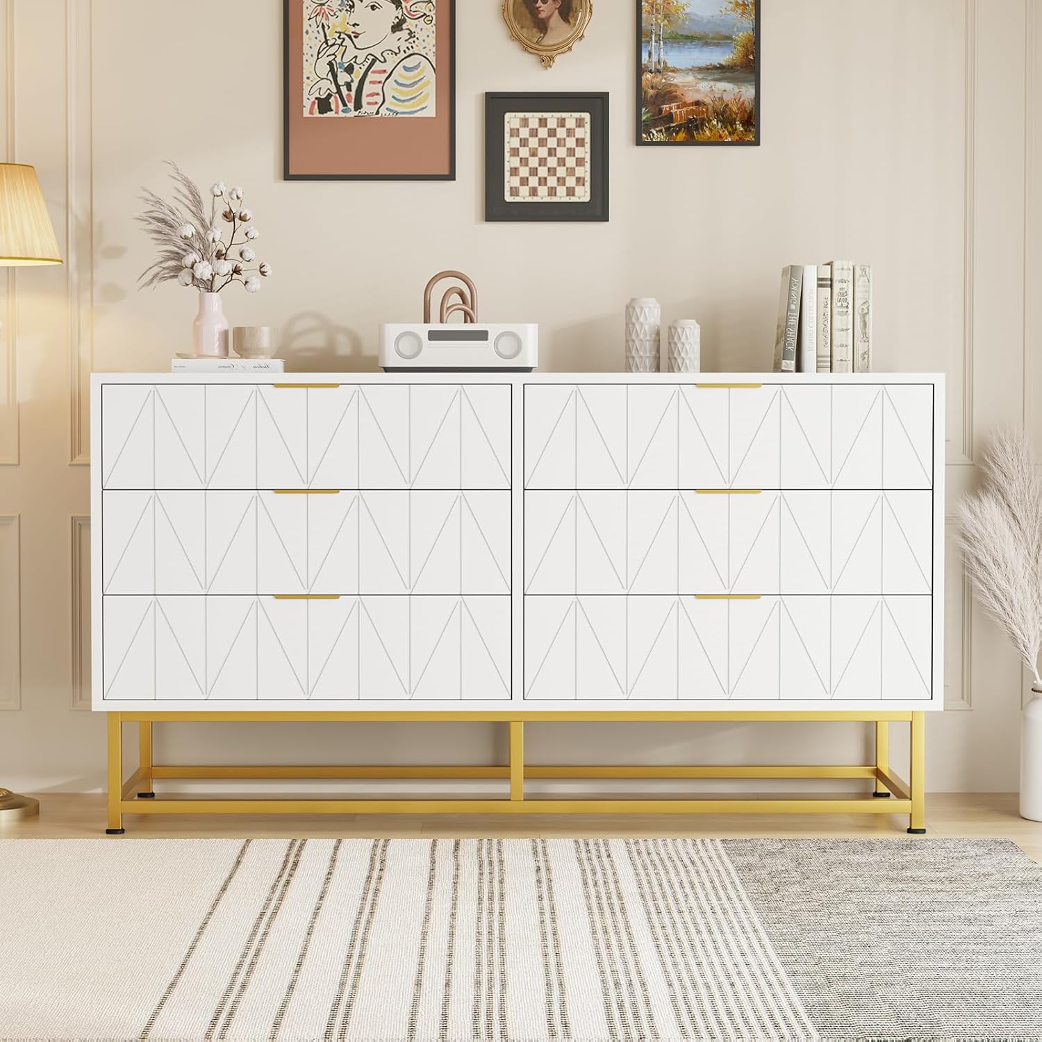 Qeetex D23PHO33HYBRGK Black 6 Drawer Engineered Wood Dresser with Rust Resistant Finish and Sturdy Metal Frame white