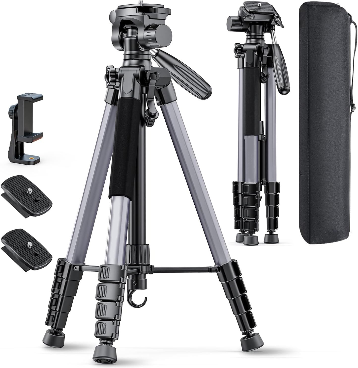 Etokfoks  74 in Lightweight Travel Tripod With 360 Degree Head Phone Holder Bubble Level for Cameras Ring Lights Projectors