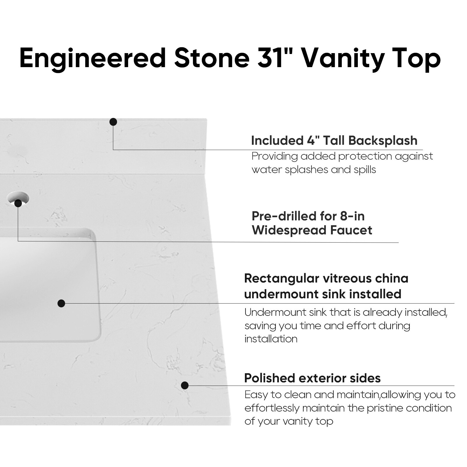 Carrara 31" White Engineered Marble Vanity Top with Undermount Sink