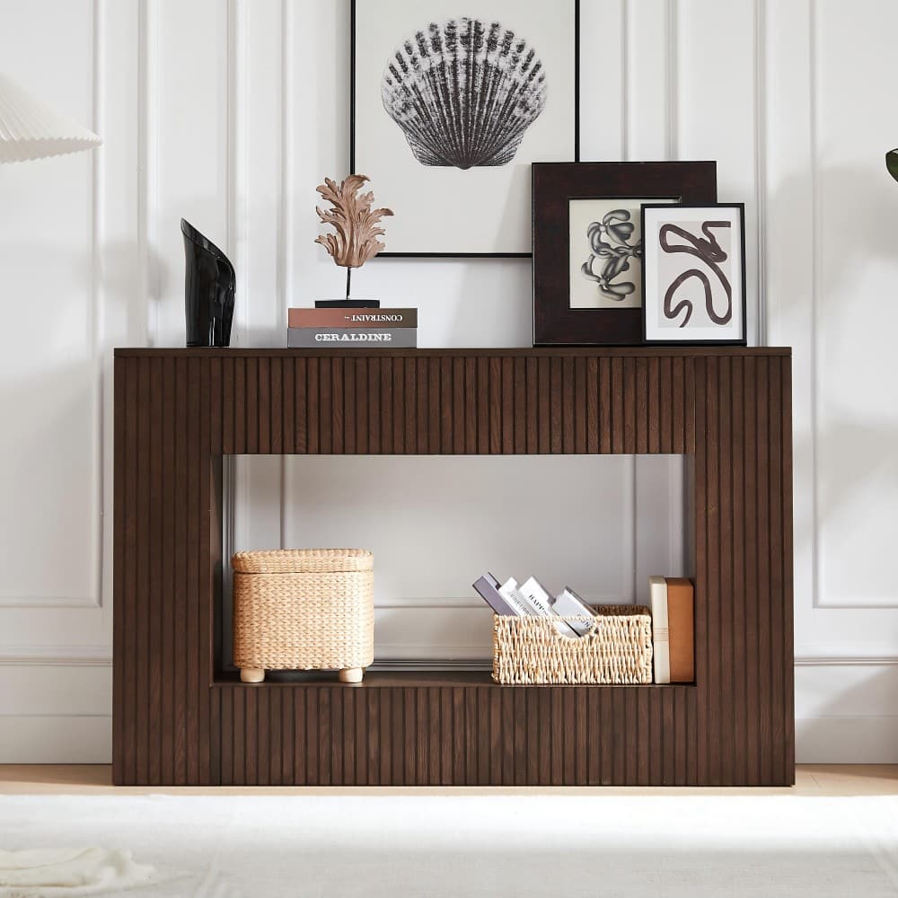 Coolbibila JASON-CONSOLE-WALNUT 55 Inch Walnut MDF Modern Narrow Console Table with Slatted Design for Entryway or Behind Couch