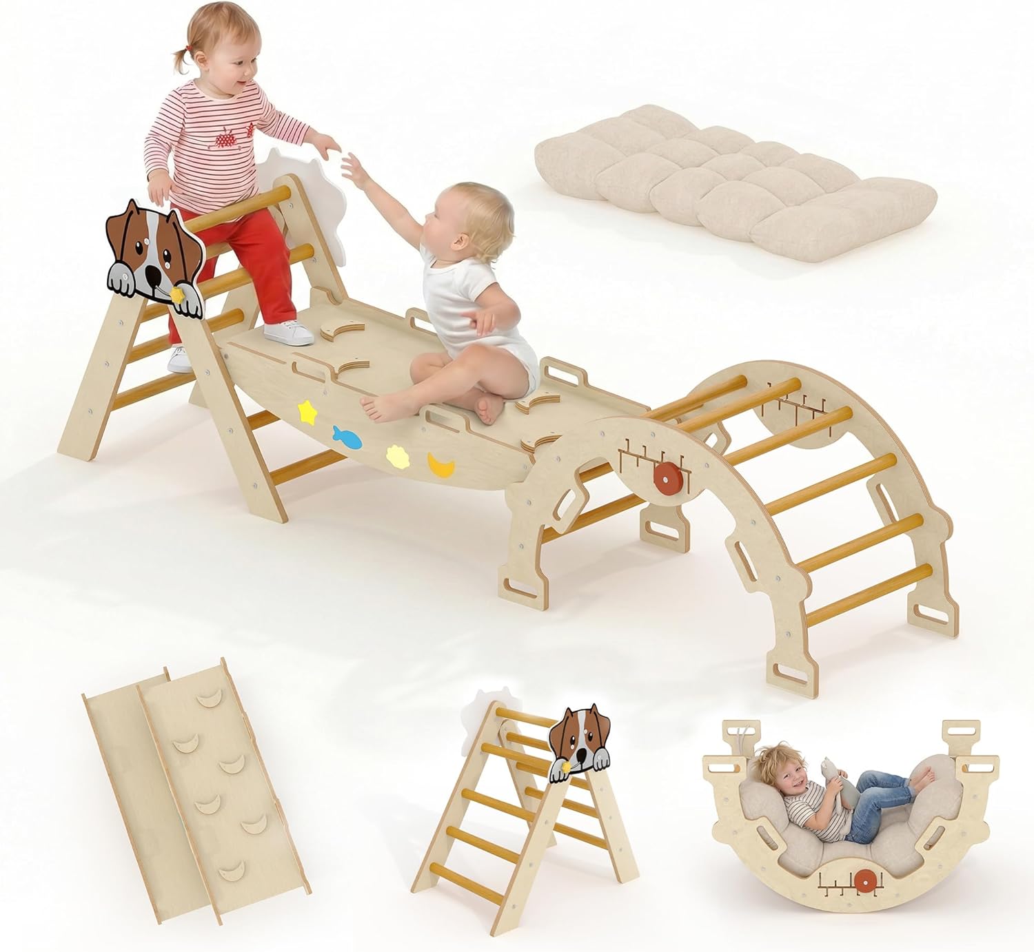 IdealHouse Kids Foldable Triangle Set with Cushion 7 in 1 Wooden Toddler Climbing Toys Indoor Kids Jungle Gym Play Structure with Reversible Slide Ramp and Rocking Arch Baby Climber for Toddlers-Puppy Natural