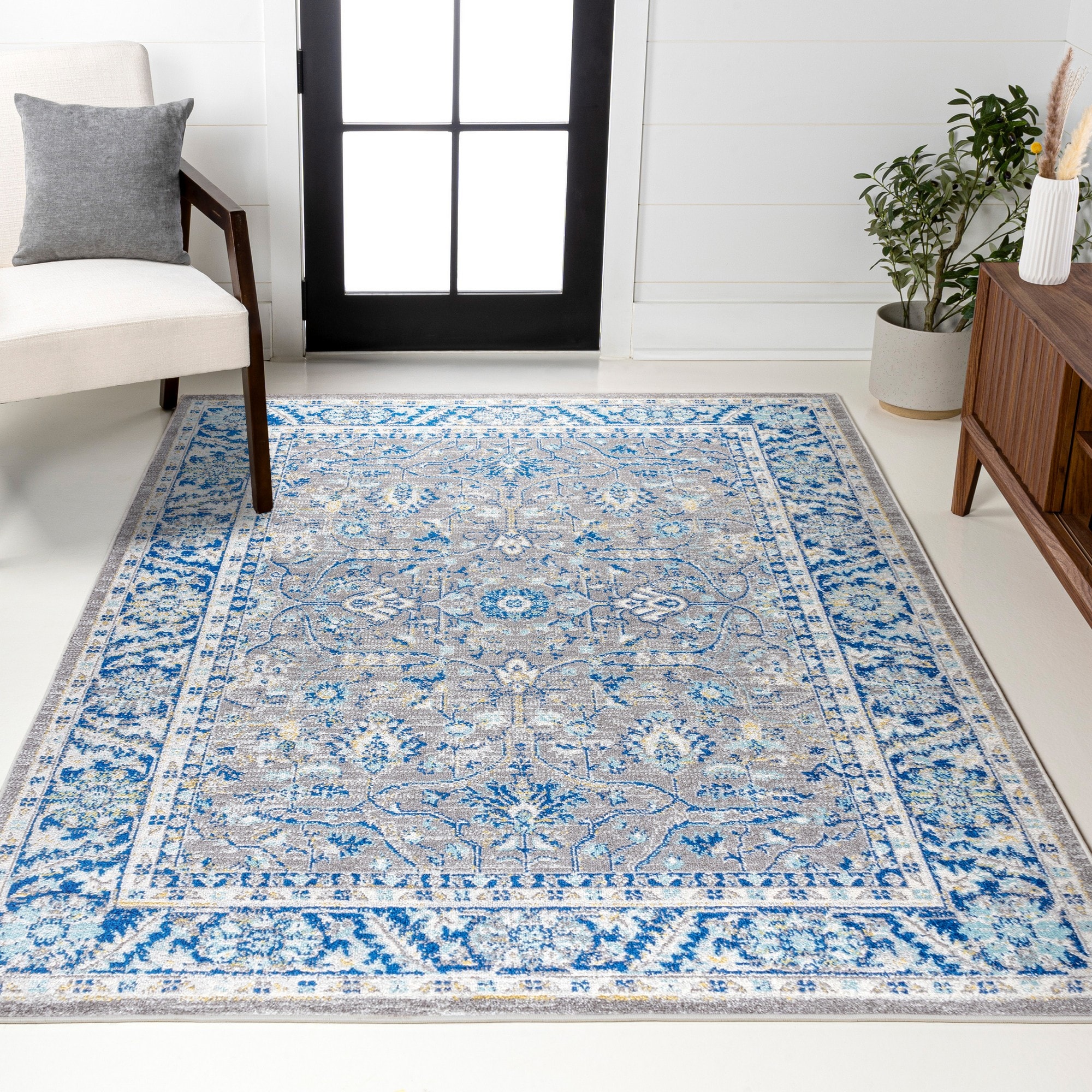 JONATHAN  Y MDP204A-4 MODERN PERSIAN Boho Floral 4 x 6 (ft) Loomed Gray/Navy Rectangular Indoor Medallion Persian Pet Friendly Area rug