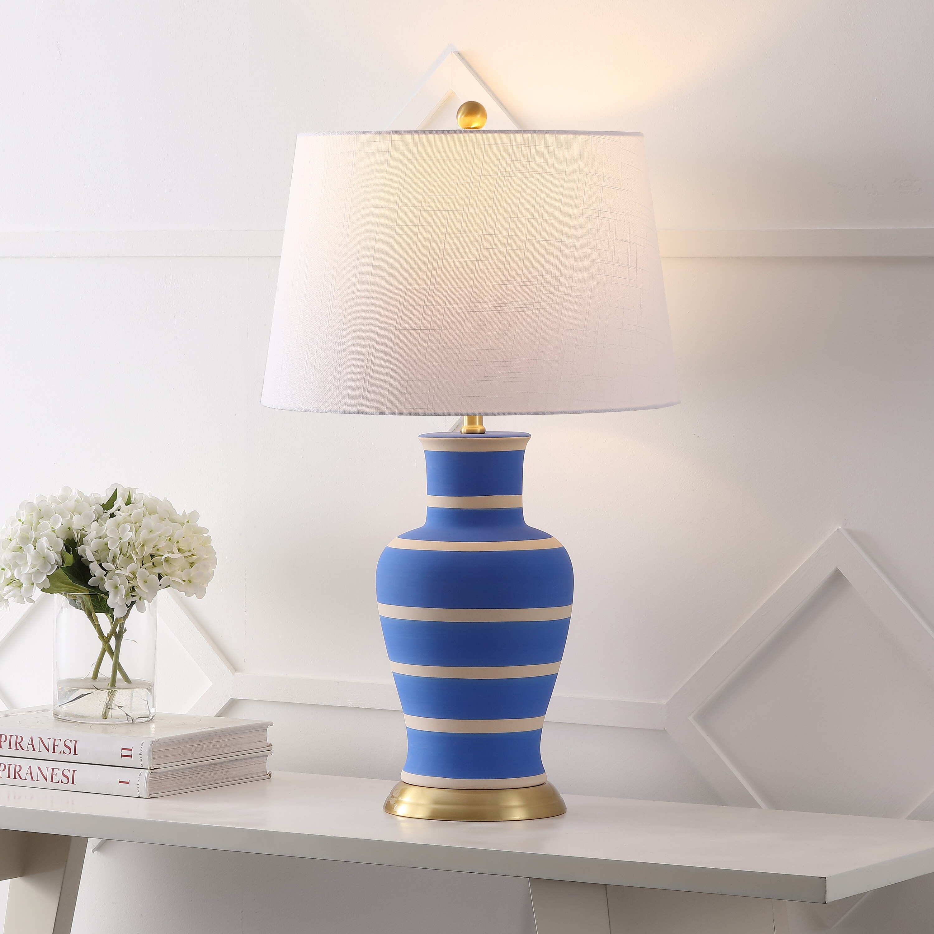 JONATHAN  Y JYL4026L Julian Classic Ceramic Urn 29-in Blue/Beige LED Rotary socket Table Lamp with Linen Shade