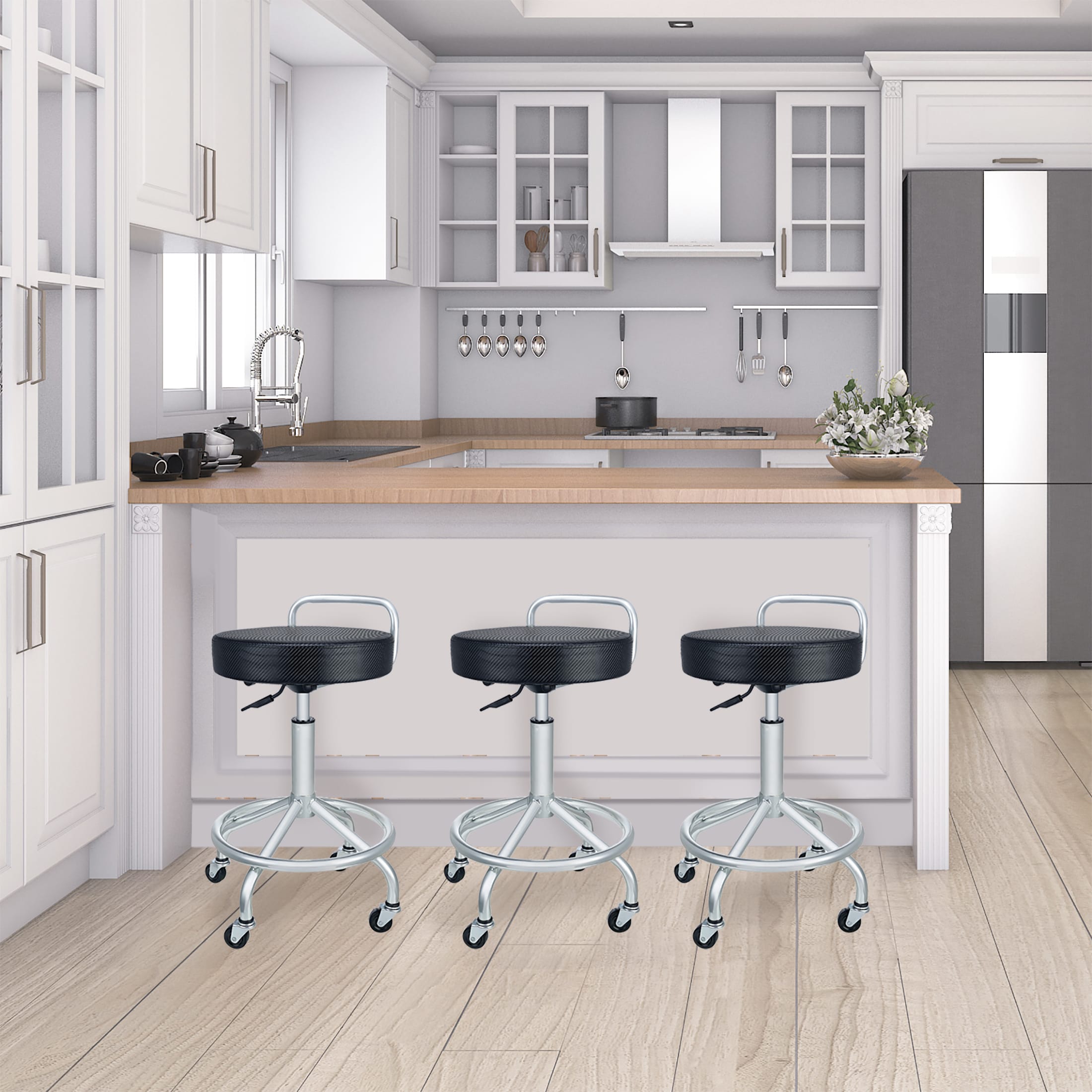 Adjustable Height Black Metal Swivel Laboratory Stool with Wheels