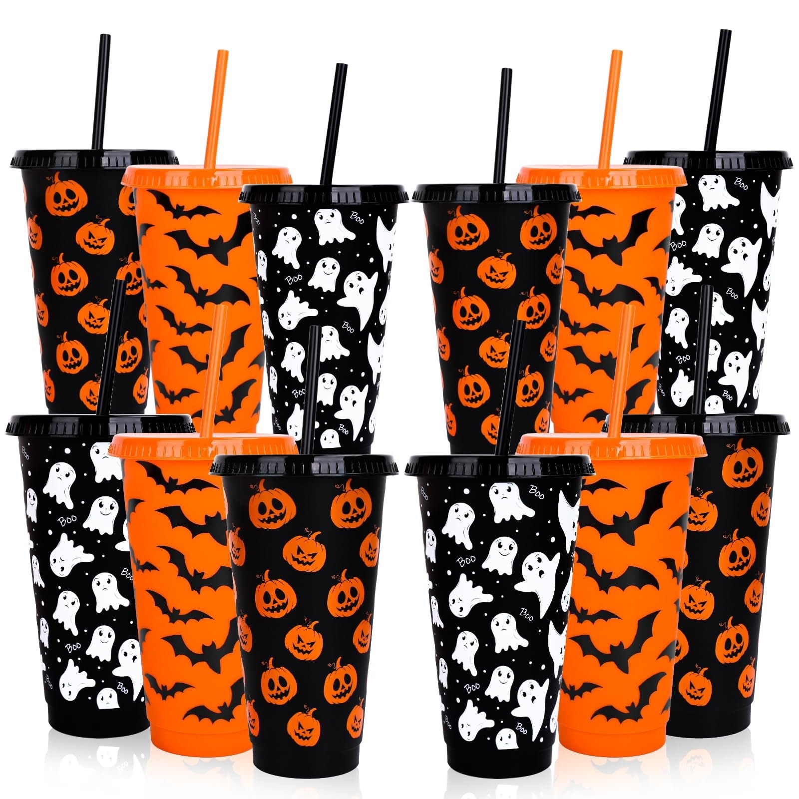 Aoibox  12 Pack 24 oz Halloween Plastic Tumblers with Lids and Straws in Pumpkin Ghost and Bat Designs Cups