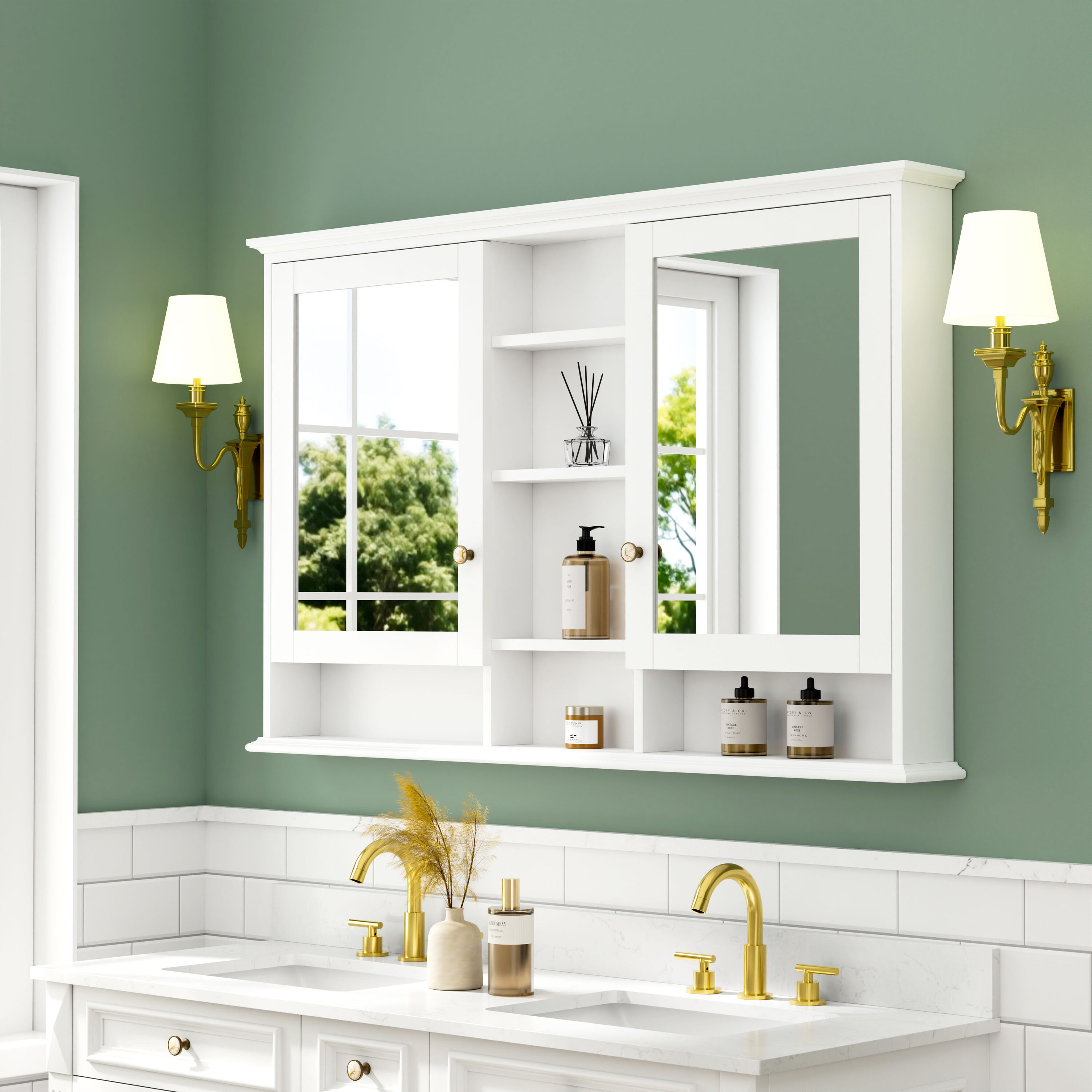 Gtnali - 55-in W x 30-in H Bathroom Wooden Medicine Cabinet with Mirror in White Surface Mount So...