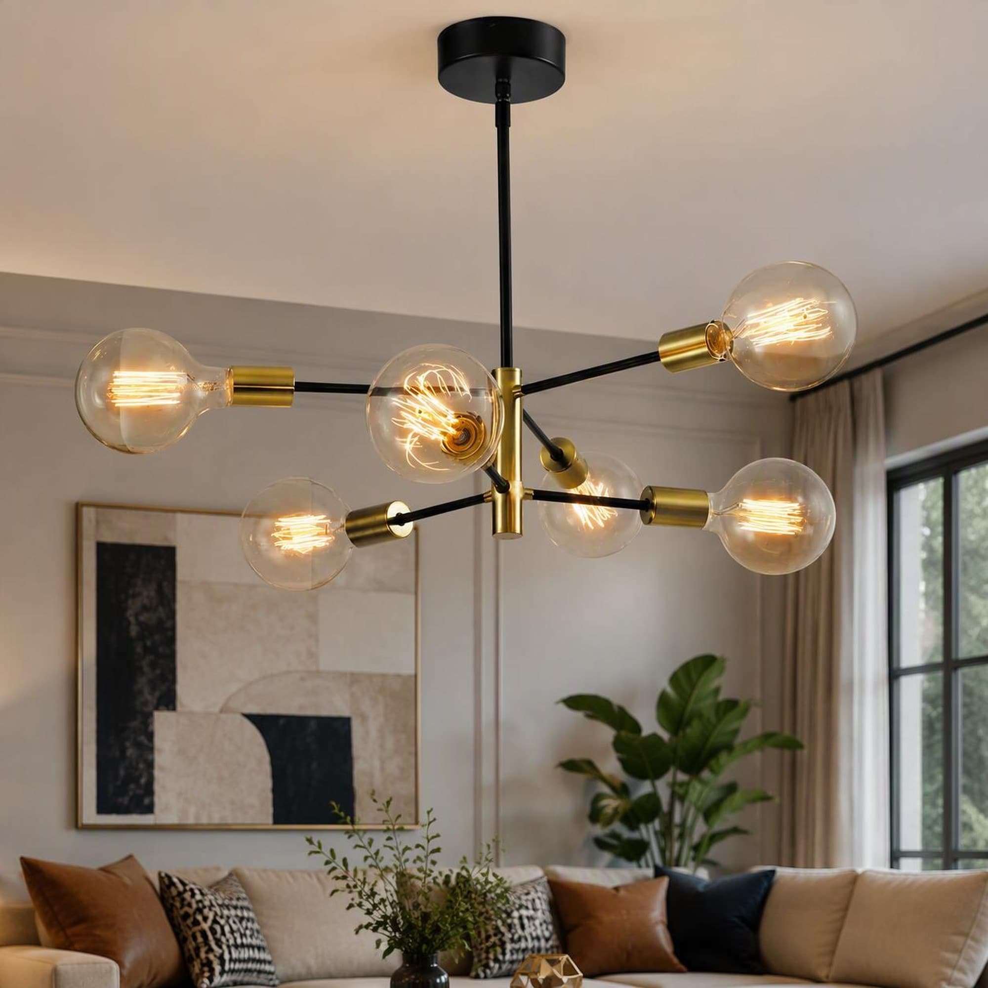 xersbav Modern Mid-Century Sputnik Chandelier 6 Lights Black Gold Industrial Ceiling Pendant Light Fixture for Dining Room Bedroom Living Room Kitchen Island
