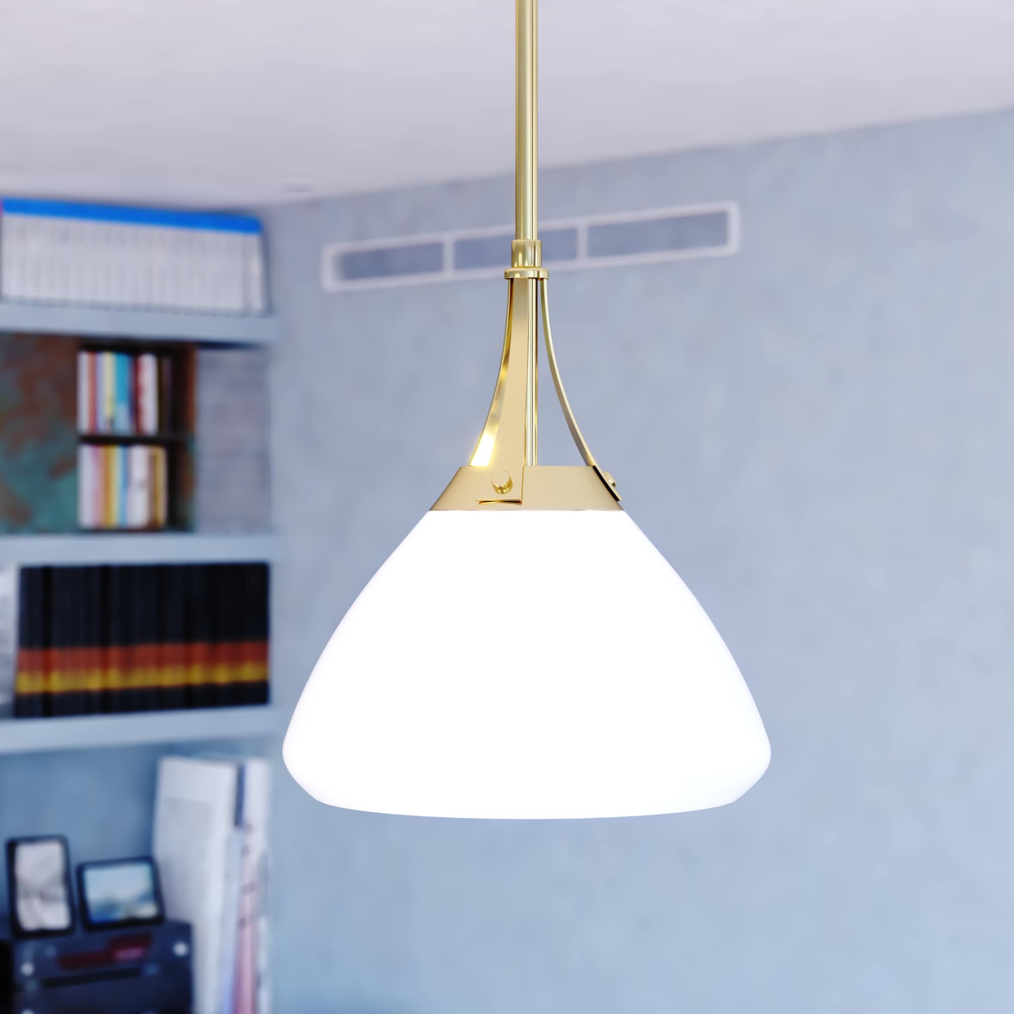 Our Watley White Cone Pendant boasts a modern and minimalistic design with  a chic brass finish on its inter…