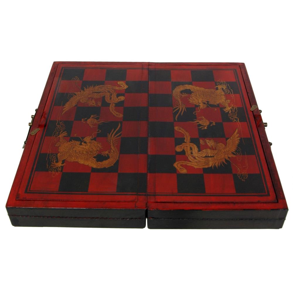 Red and Black Lacquered Chess and Backgammon Set