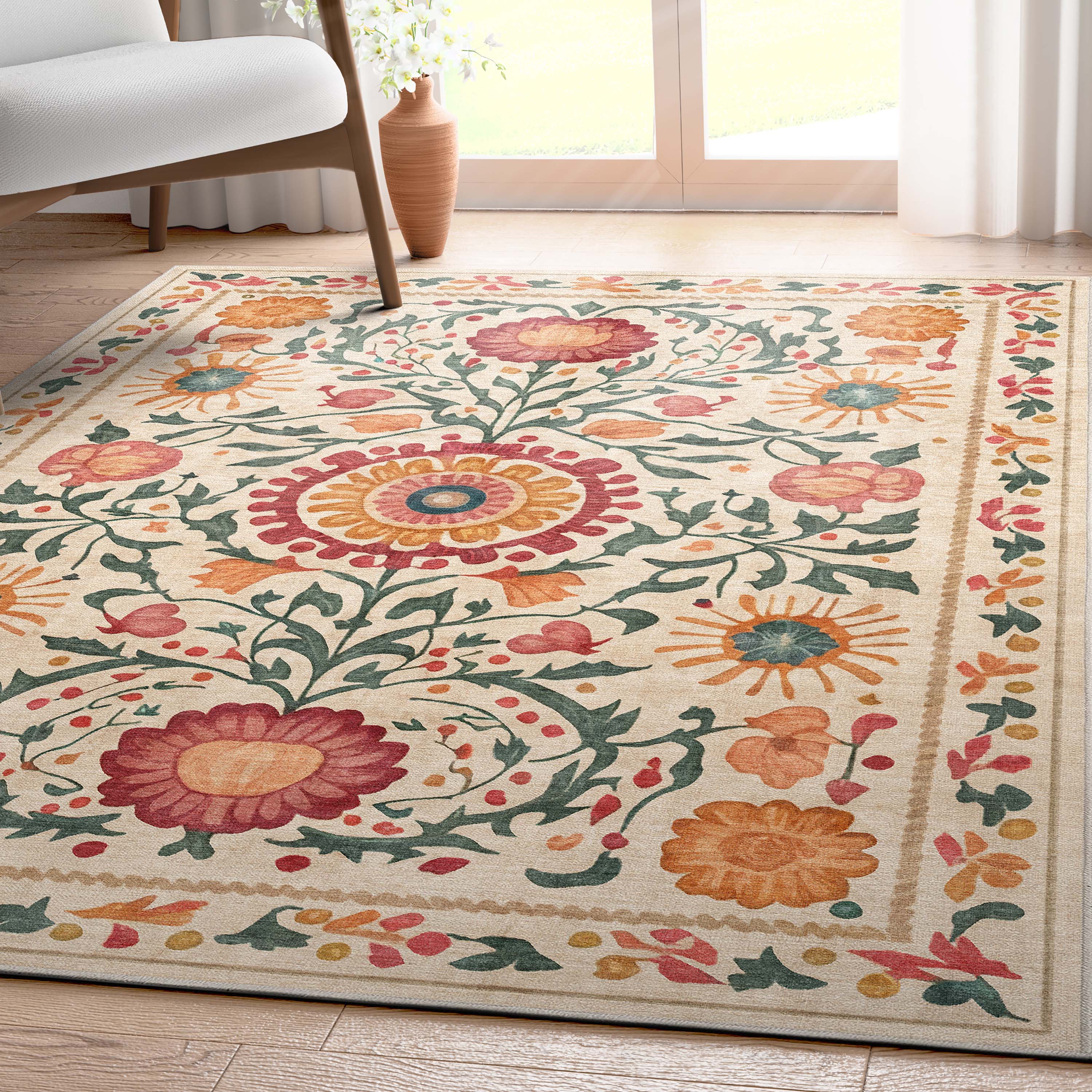 Apollo Suzani Beige and Red Floral Flat-Weave Area Rug