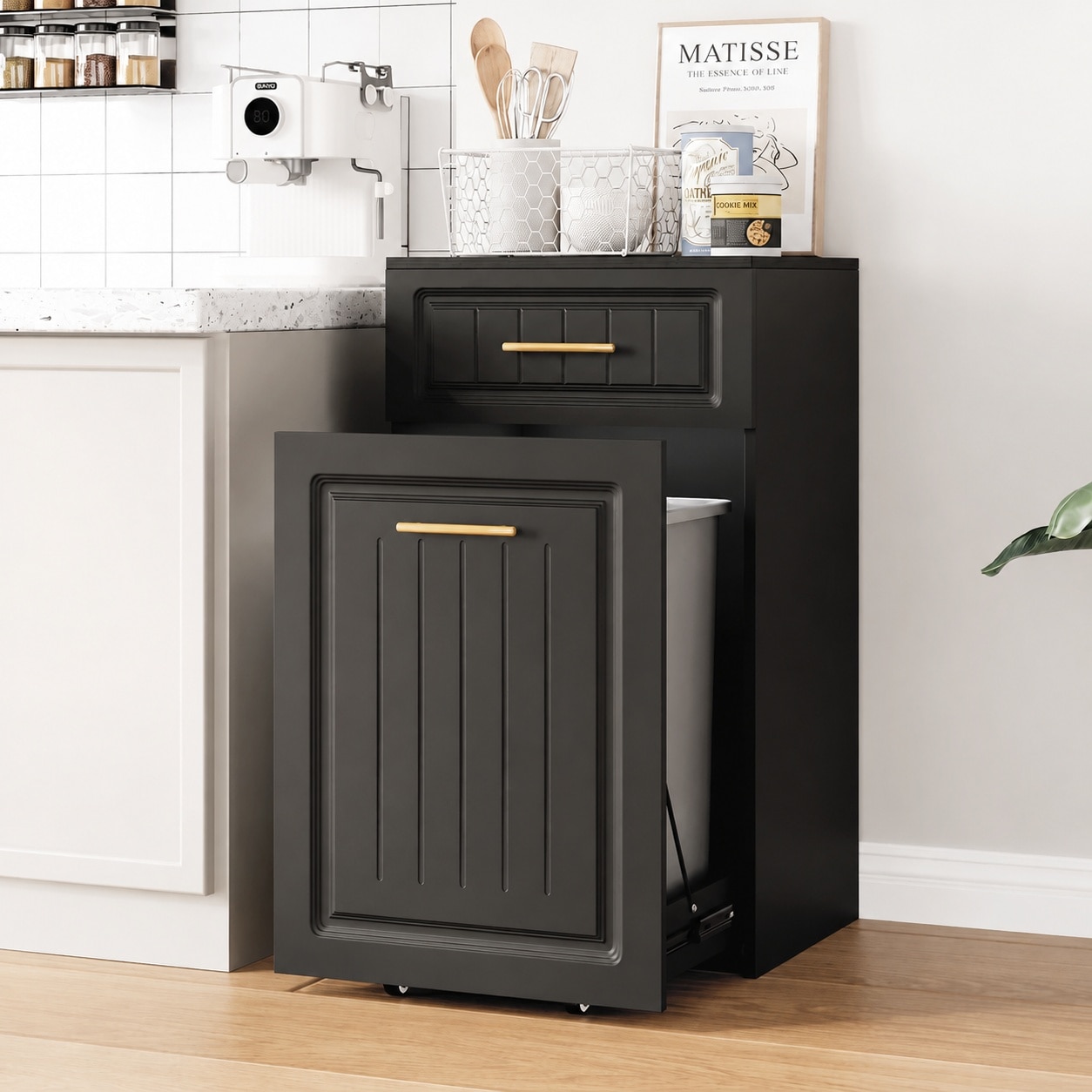 UUDULY  Pull Out Trash Can Cabinet for 13 Gallon Bin Freestanding Kitchen Trash Bin Cabinet with Hideaway Drawer Pet Proof Hidden Garbage