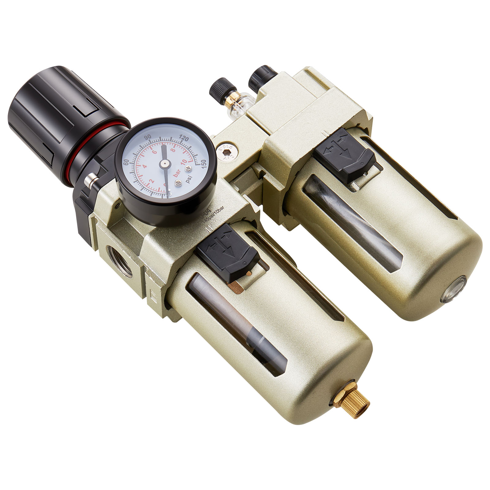 VEVOR Air Compressor Filter Regulator Lubricator (FRL) 1/2in NPT Air Compressor Water Separator Semi-Auto Drain Air-Drying System with 5micrometers Brass Filter Element 145PSI Max Working Pressure Poly Bowl