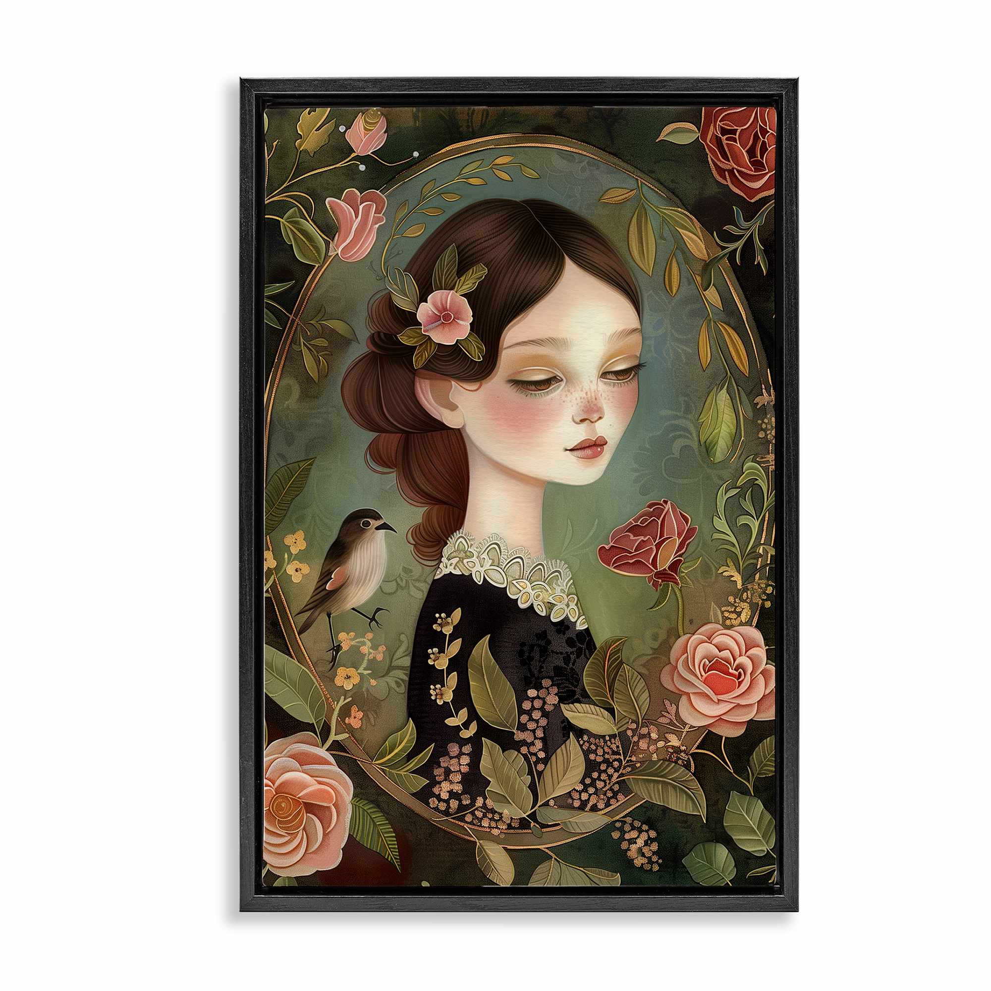 Stupell Industries BT-875-FFB-16X24 Vintage Lady and Floral Border Black Framed Floater Canvas Wall Art By The Dutch Lady 17 x 25